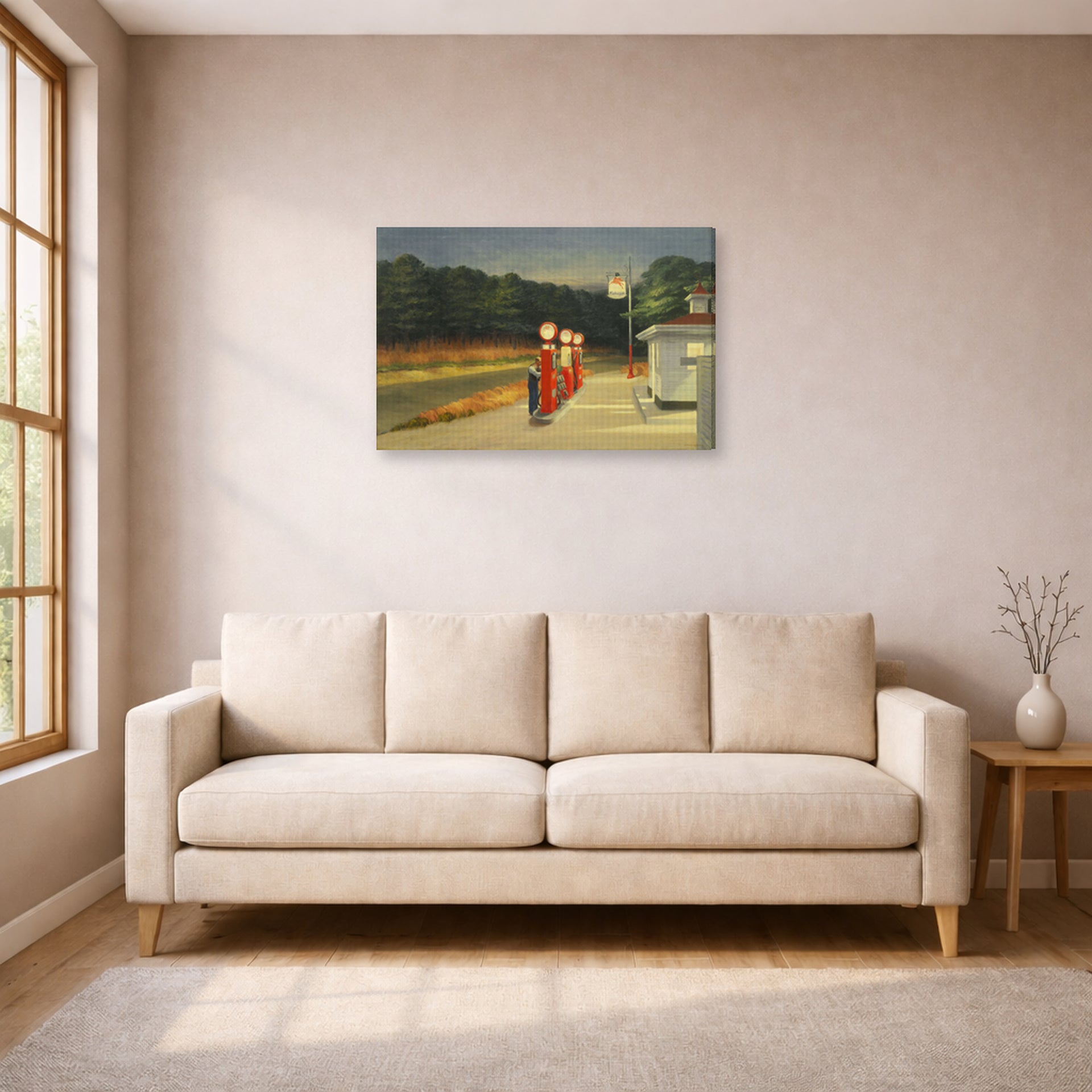 Gallery-wrapped canvas print of Edward Hopper's 'Gas' displayed on a wall in a living room (image 1 of 2)
