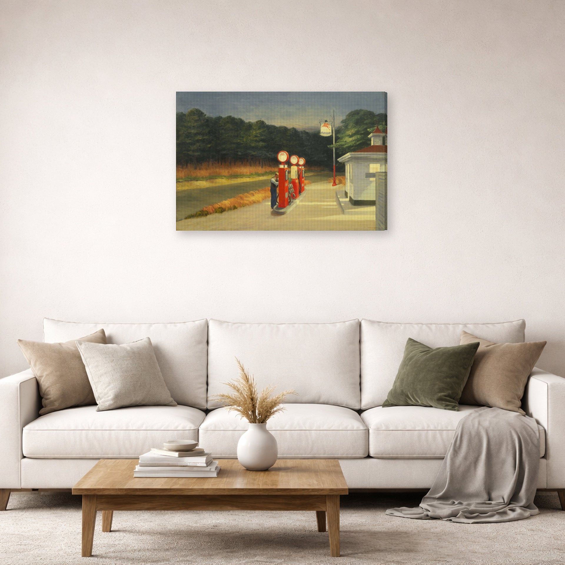 Gallery-wrapped canvas print of Edward Hopper's 'Gas' displayed on a wall in a living room (image 2 of 2)
