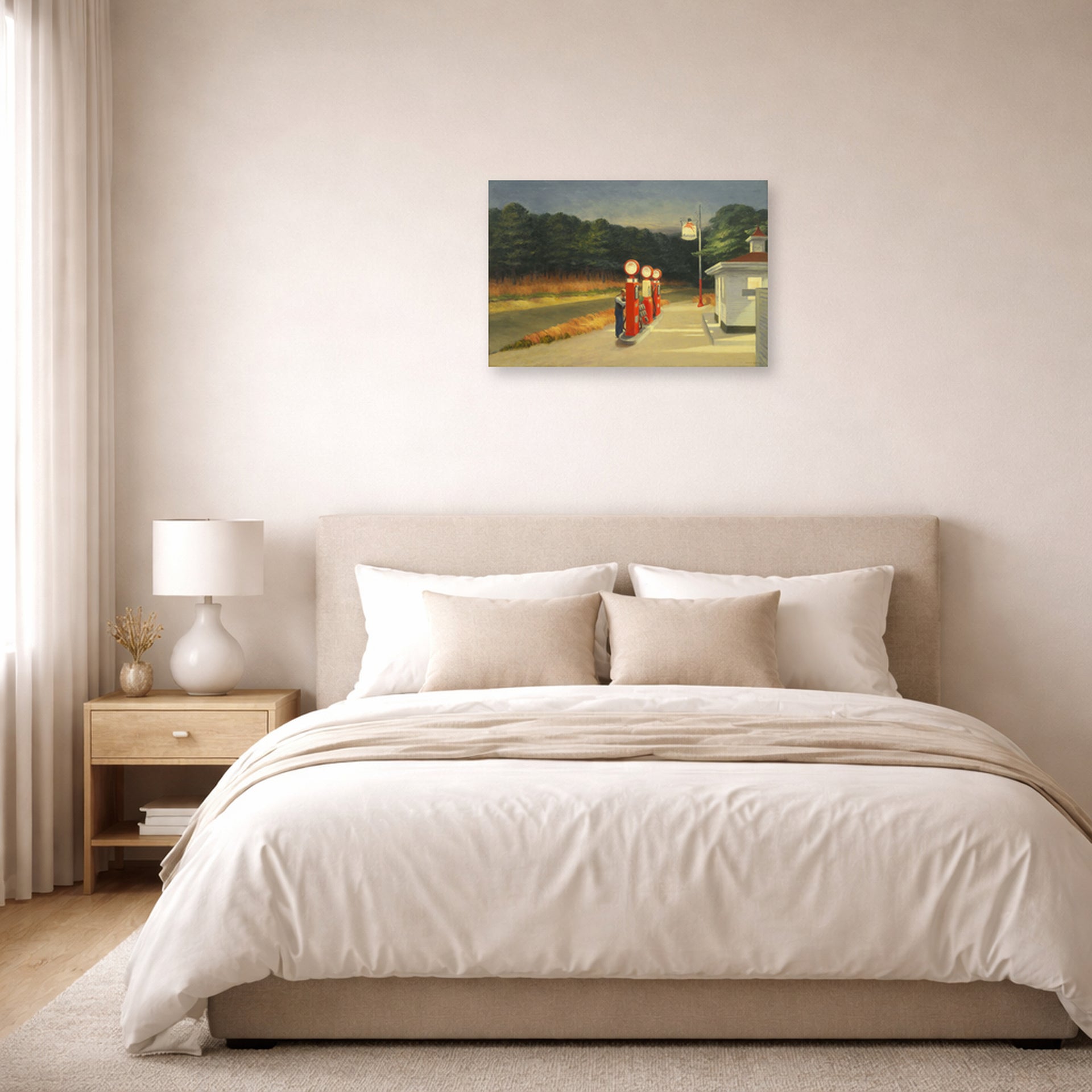 Unframed poster print of Edward Hopper's 'Gas' displayed on a wall in a bedroom