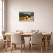Unframed poster print of Edward Hopper's 'Gas' displayed on a wall in a dining room