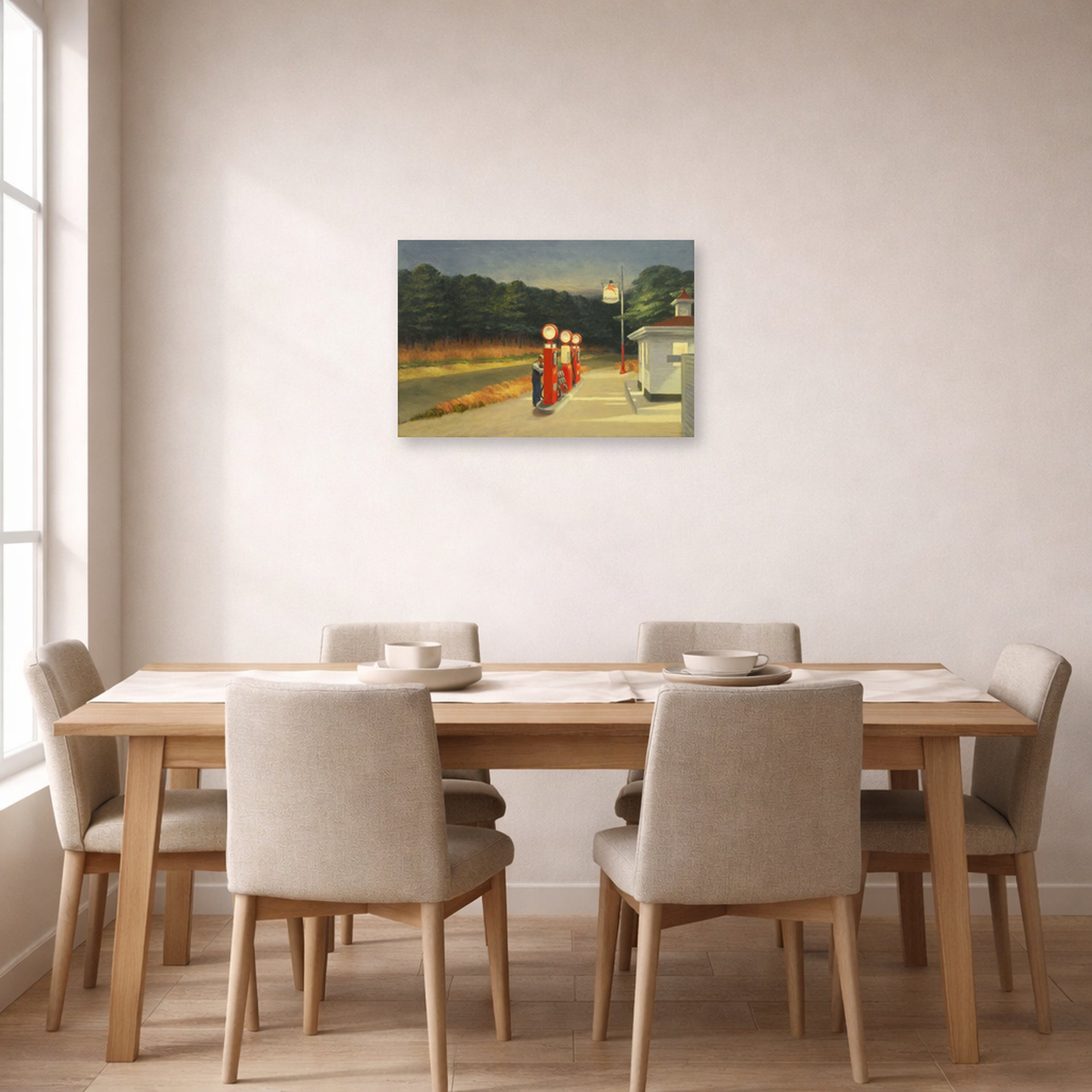 Unframed poster print of Edward Hopper's 'Gas' displayed on a wall in a dining room