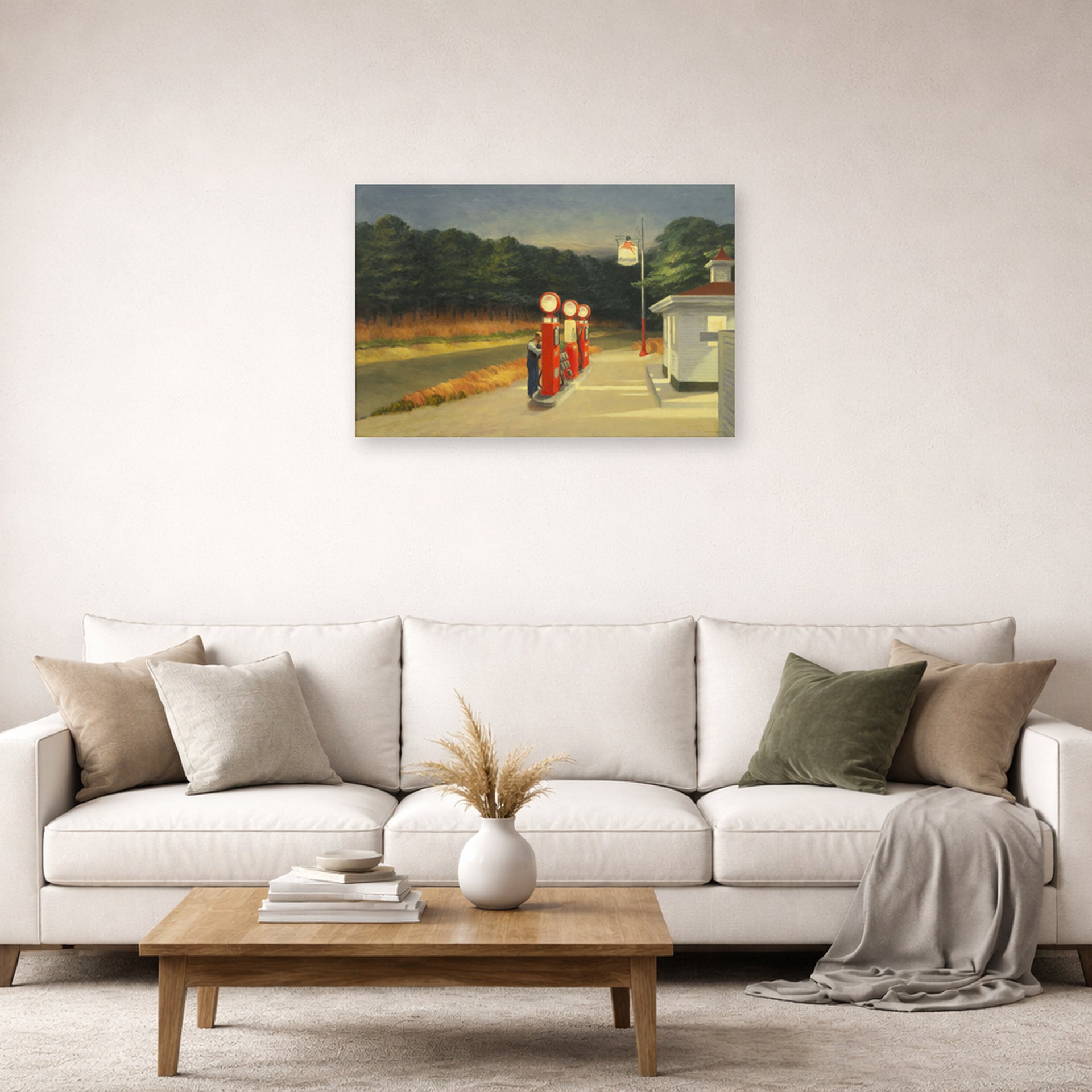 Unframed poster print of Edward Hopper's 'Gas' displayed on a wall in a living room (image 2 of 2)
