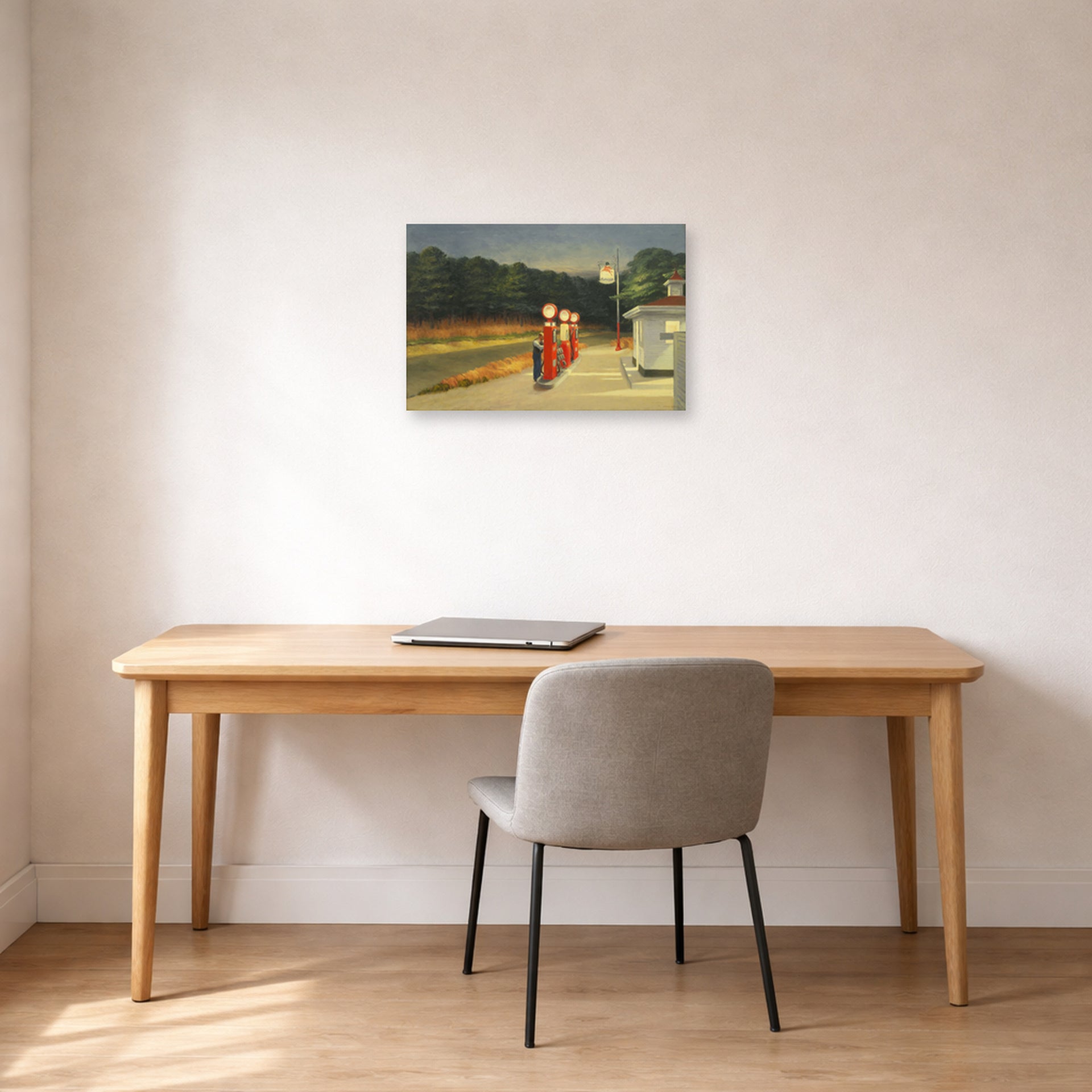 Unframed poster print of Edward Hopper's 'Gas' displayed on a wall in an office
