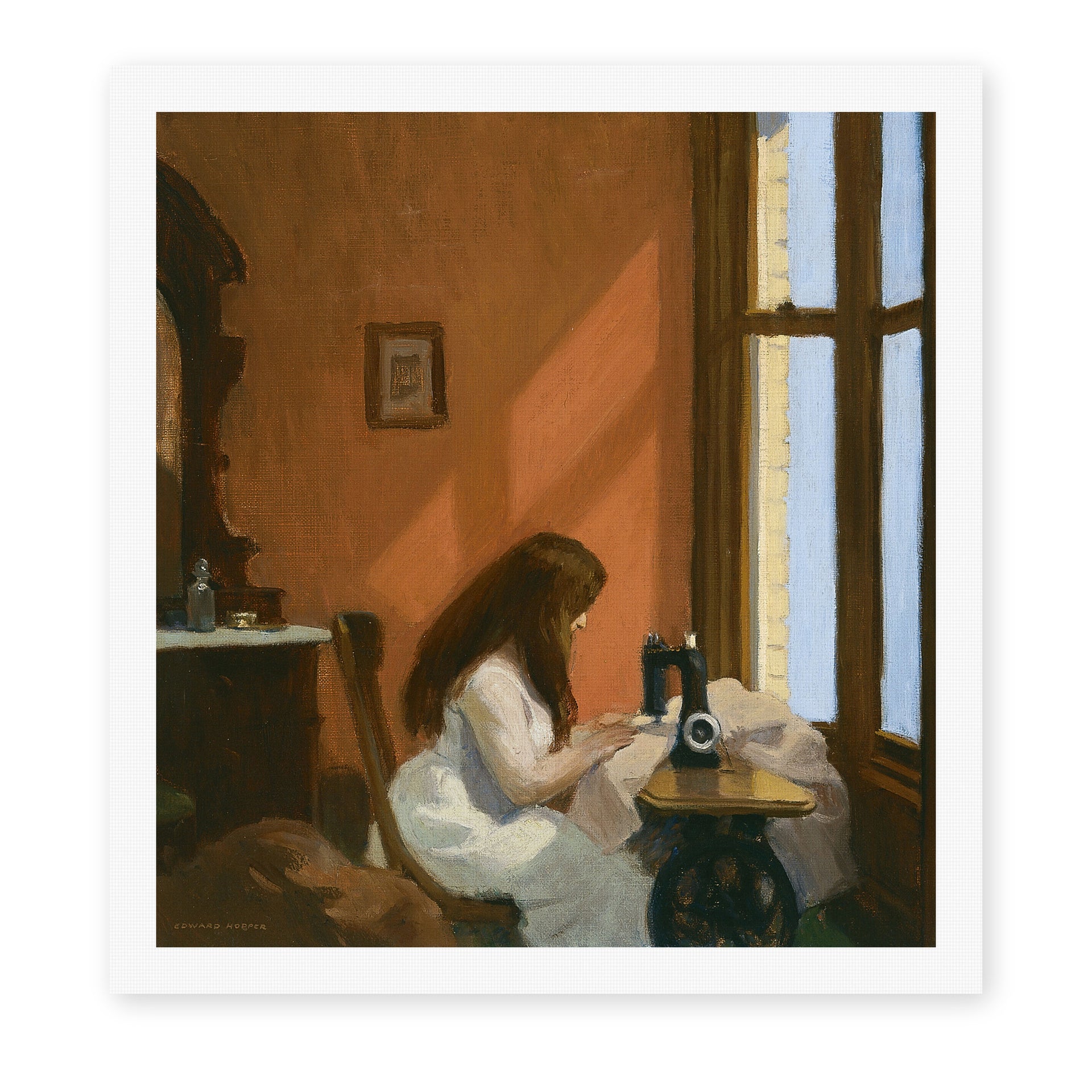 Edward Hopper's 'Girl at a Sewing Machine' painting reproduced as a rolled canvas print