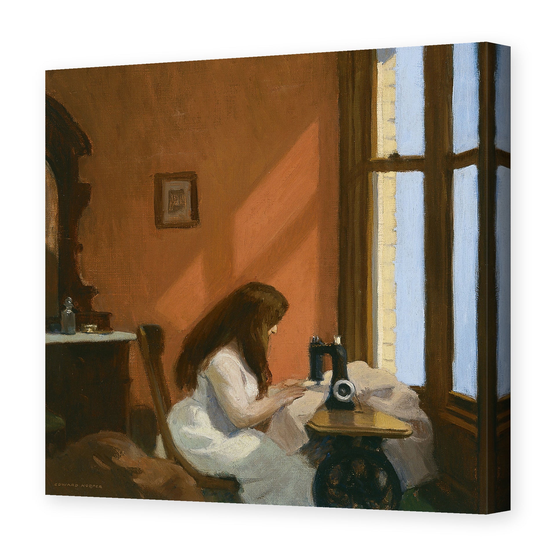 Edward Hopper's 'Girl at a Sewing Machine' painting reproduced as a gallery-wrapped canvas print