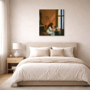 Gallery-wrapped canvas print of Edward Hopper's 'Girl at a Sewing Machine' displayed on a wall in a bedroom