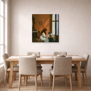 Gallery-wrapped canvas print of Edward Hopper's 'Girl at a Sewing Machine' displayed on a wall in a dining room