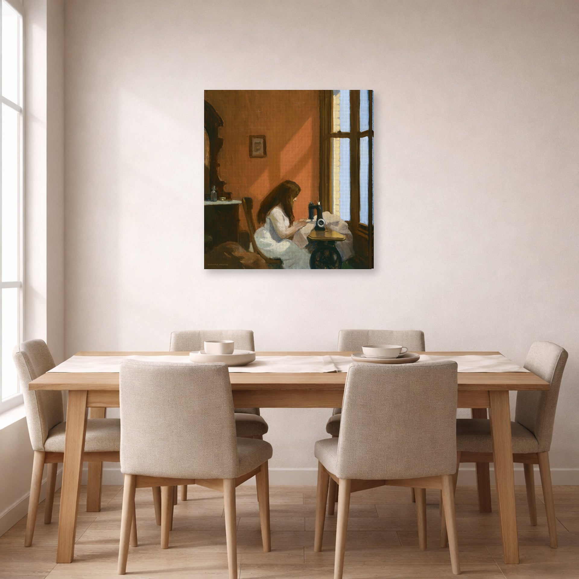 Gallery-wrapped canvas print of Edward Hopper's 'Girl at a Sewing Machine' displayed on a wall in a dining room