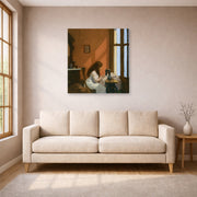 Gallery-wrapped canvas print of Edward Hopper's 'Girl at a Sewing Machine' displayed on a wall in a living room (image 1 of 2)
