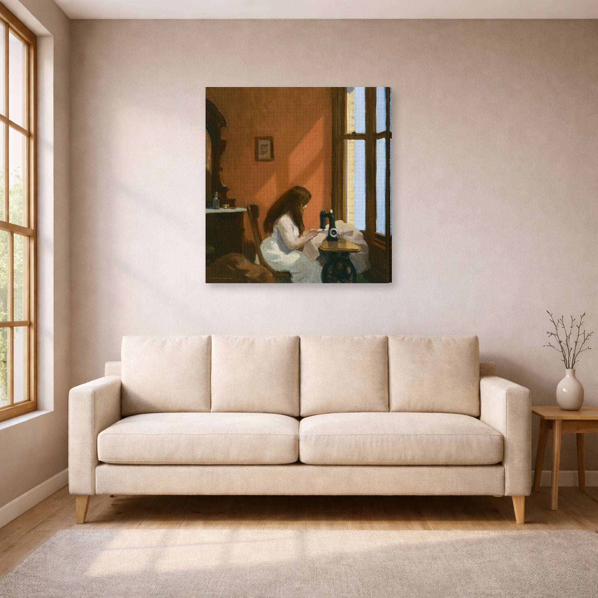 Gallery-wrapped canvas print of Edward Hopper's 'Girl at a Sewing Machine' displayed on a wall in a living room (image 1 of 2)