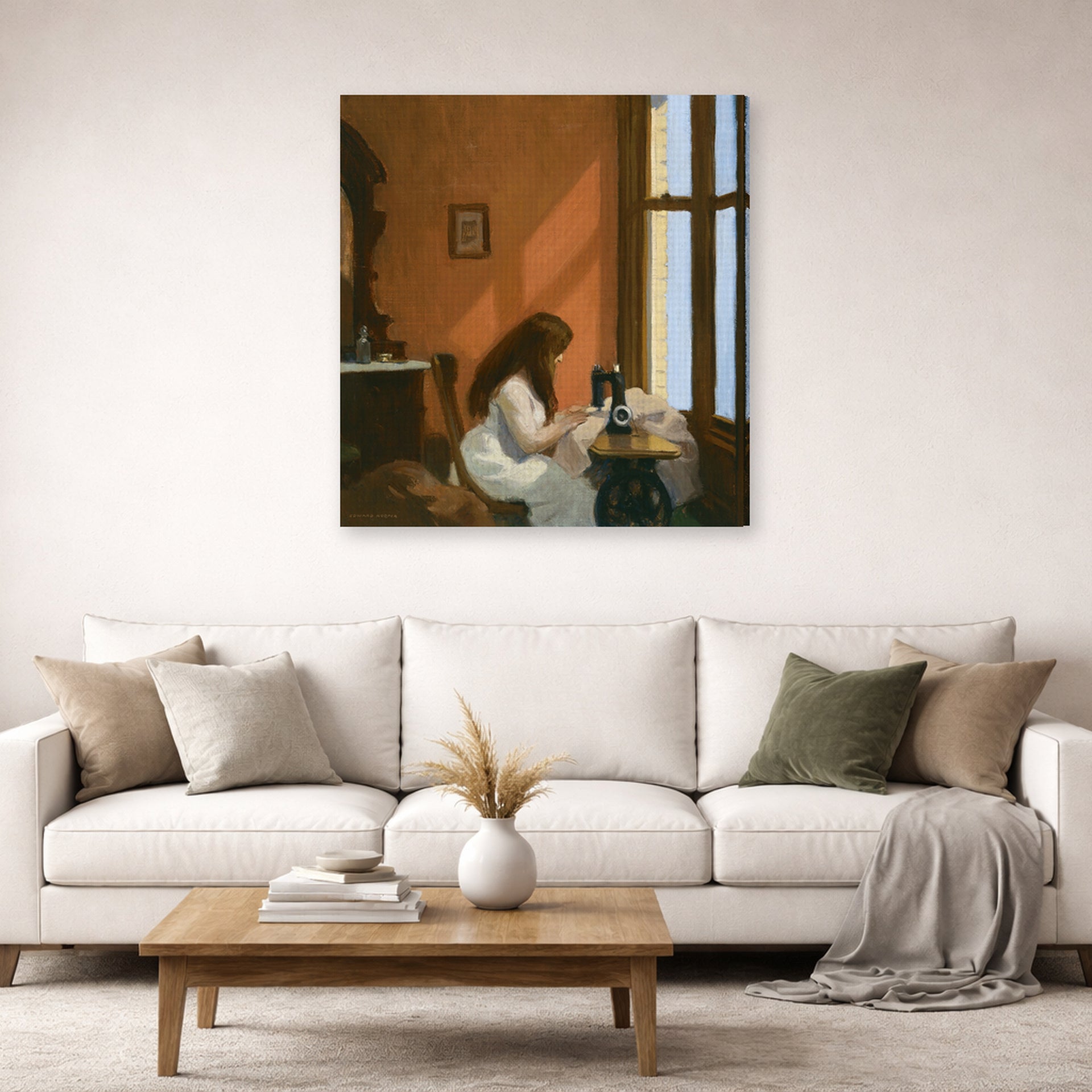 Gallery-wrapped canvas print of Edward Hopper's 'Girl at a Sewing Machine' displayed on a wall in a living room (image 2 of 2)