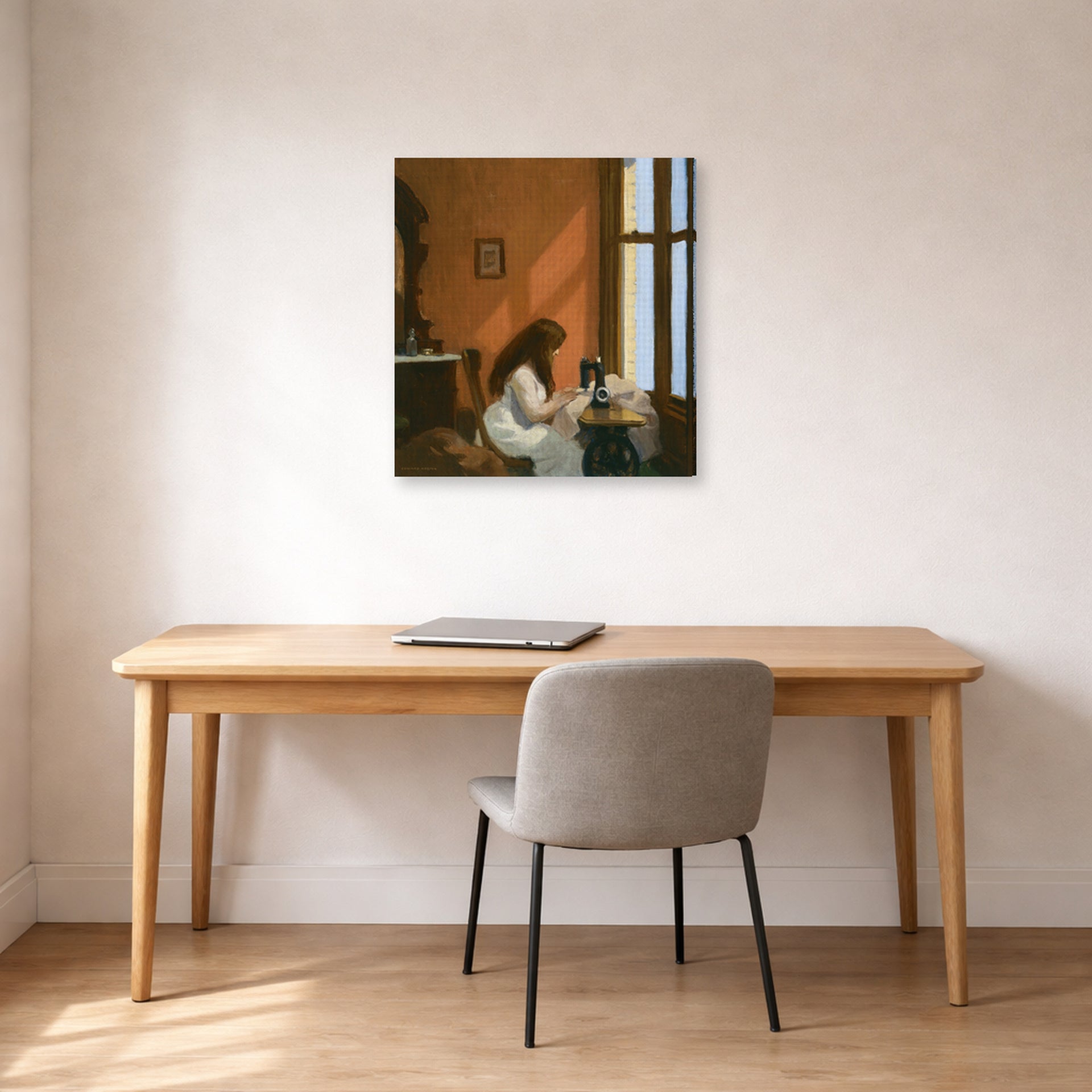 Gallery-wrapped canvas print of Edward Hopper's 'Girl at a Sewing Machine' displayed on a wall in an office