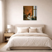 Unframed poster print of Edward Hopper's 'Girl at a Sewing Machine' displayed on a wall in a bedroom