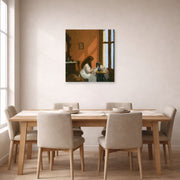 Unframed poster print of Edward Hopper's 'Girl at a Sewing Machine' displayed on a wall in a dining room