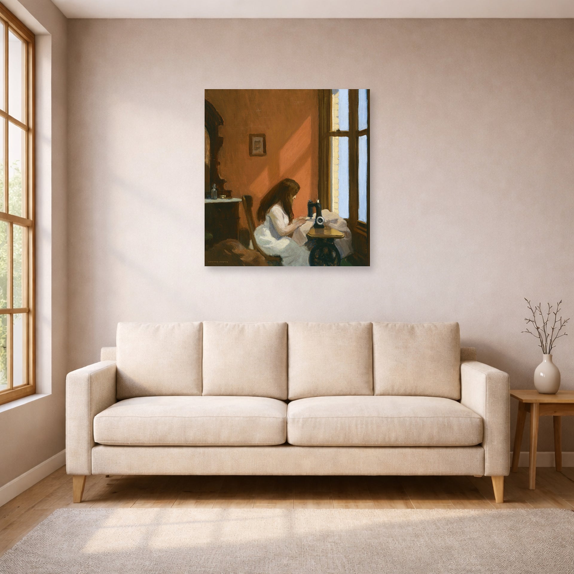 Unframed poster print of Edward Hopper's 'Girl at a Sewing Machine' displayed on a wall in a living room (image 1 of 2)