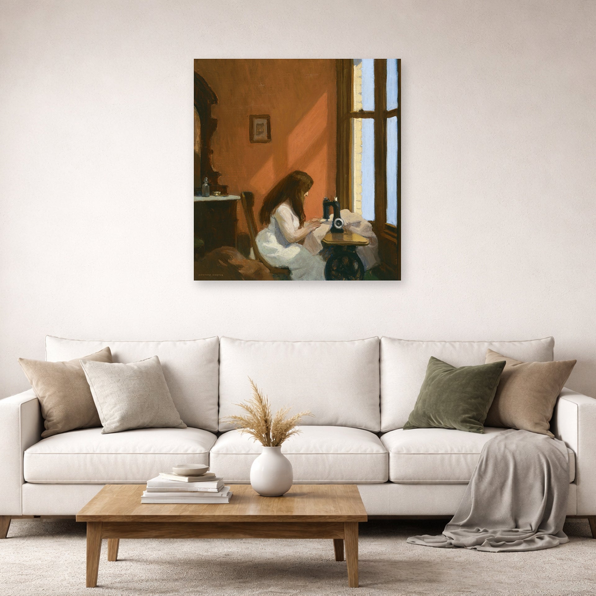 Unframed poster print of Edward Hopper's 'Girl at a Sewing Machine' displayed on a wall in a living room (image 2 of 2)
