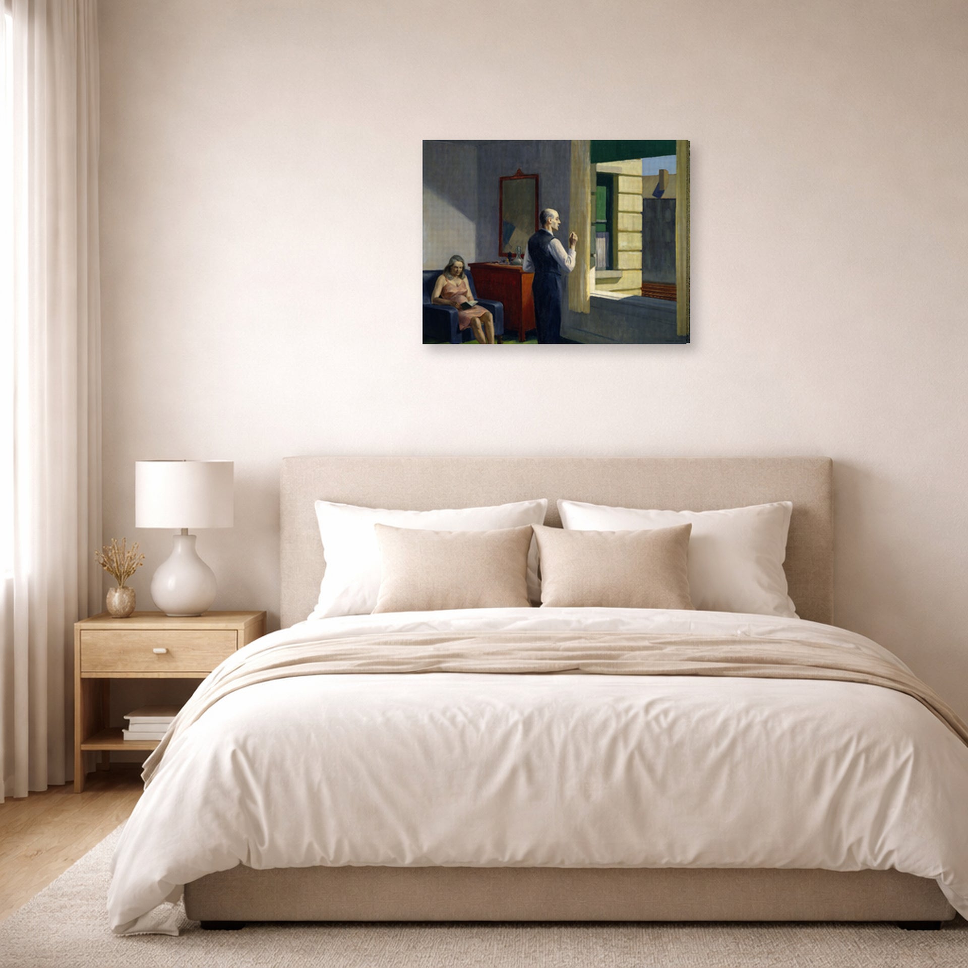 Gallery-wrapped canvas print of Edward Hopper's 'Hotel by a Railroad' displayed on a wall in a bedroom
