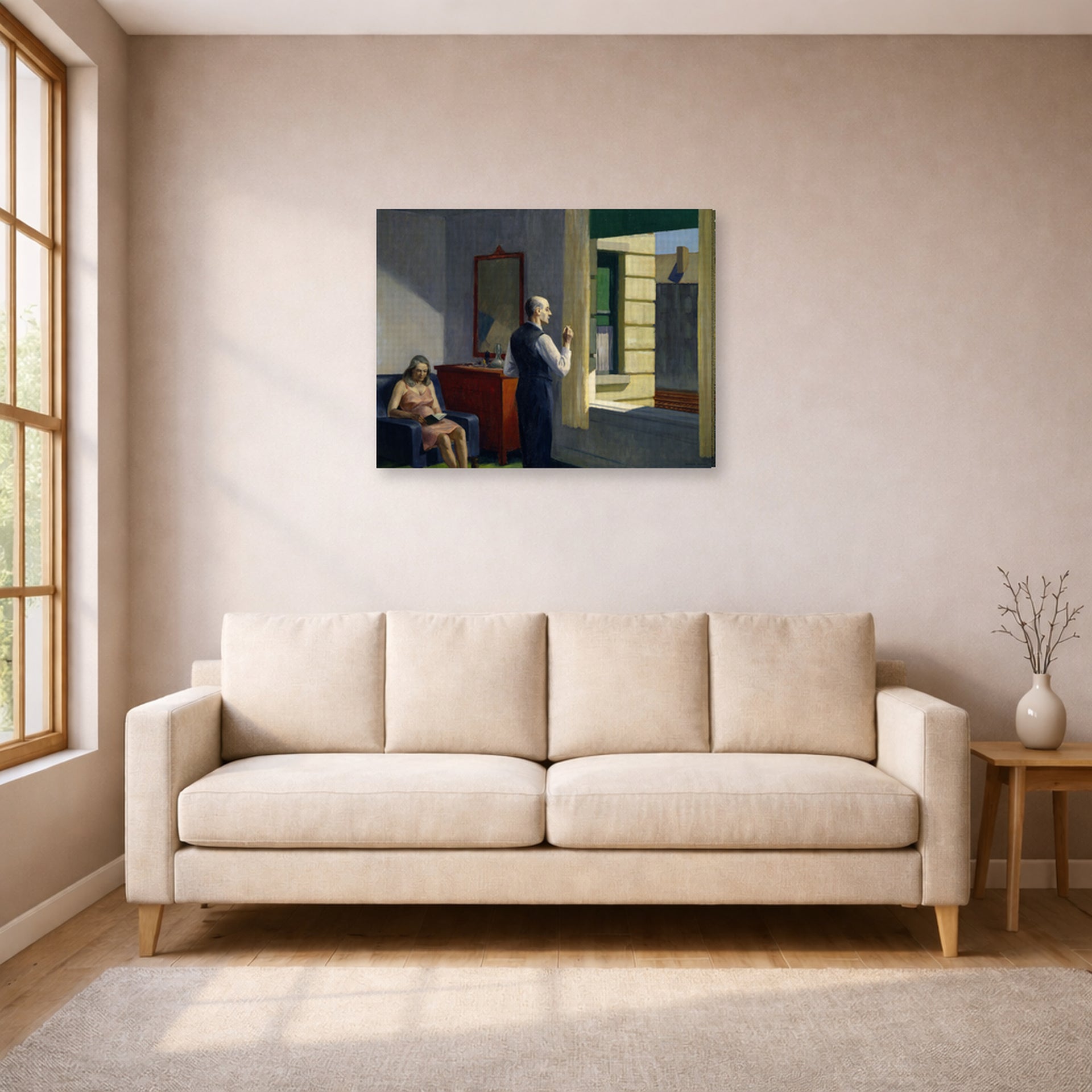 Gallery-wrapped canvas print of Edward Hopper's 'Hotel by a Railroad' displayed on a wall in a living room (image 1 of 2)