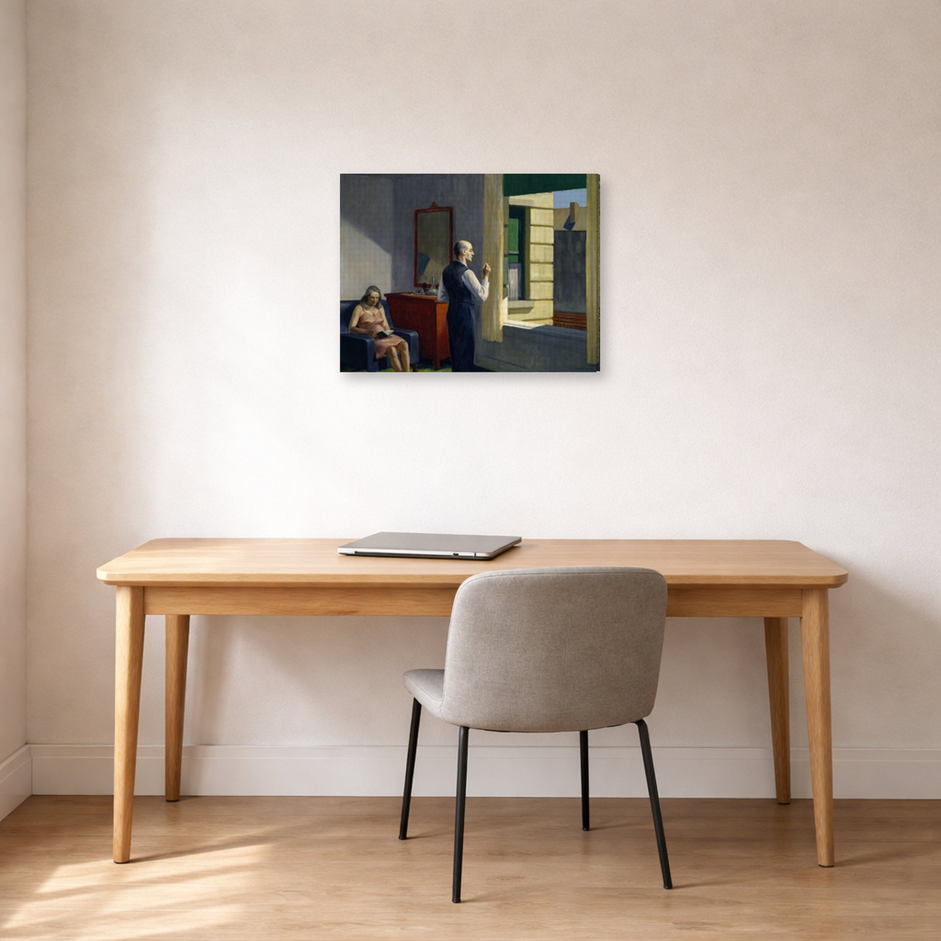 Gallery-wrapped canvas print of Edward Hopper's 'Hotel by a Railroad' displayed on a wall in an office