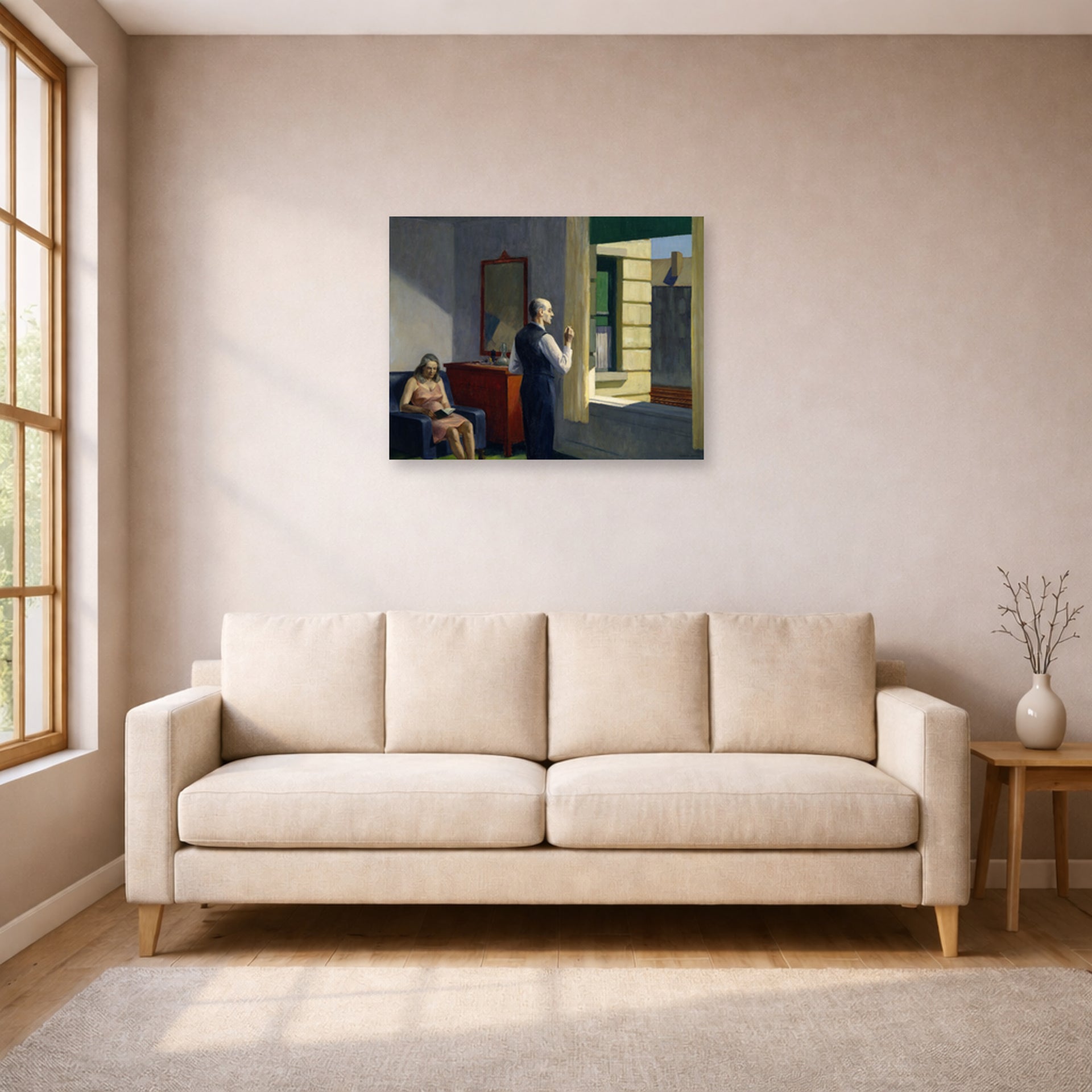 Unframed poster print of Edward Hopper's 'Hotel by a Railroad' displayed on a wall in a living room (image 1 of 2)