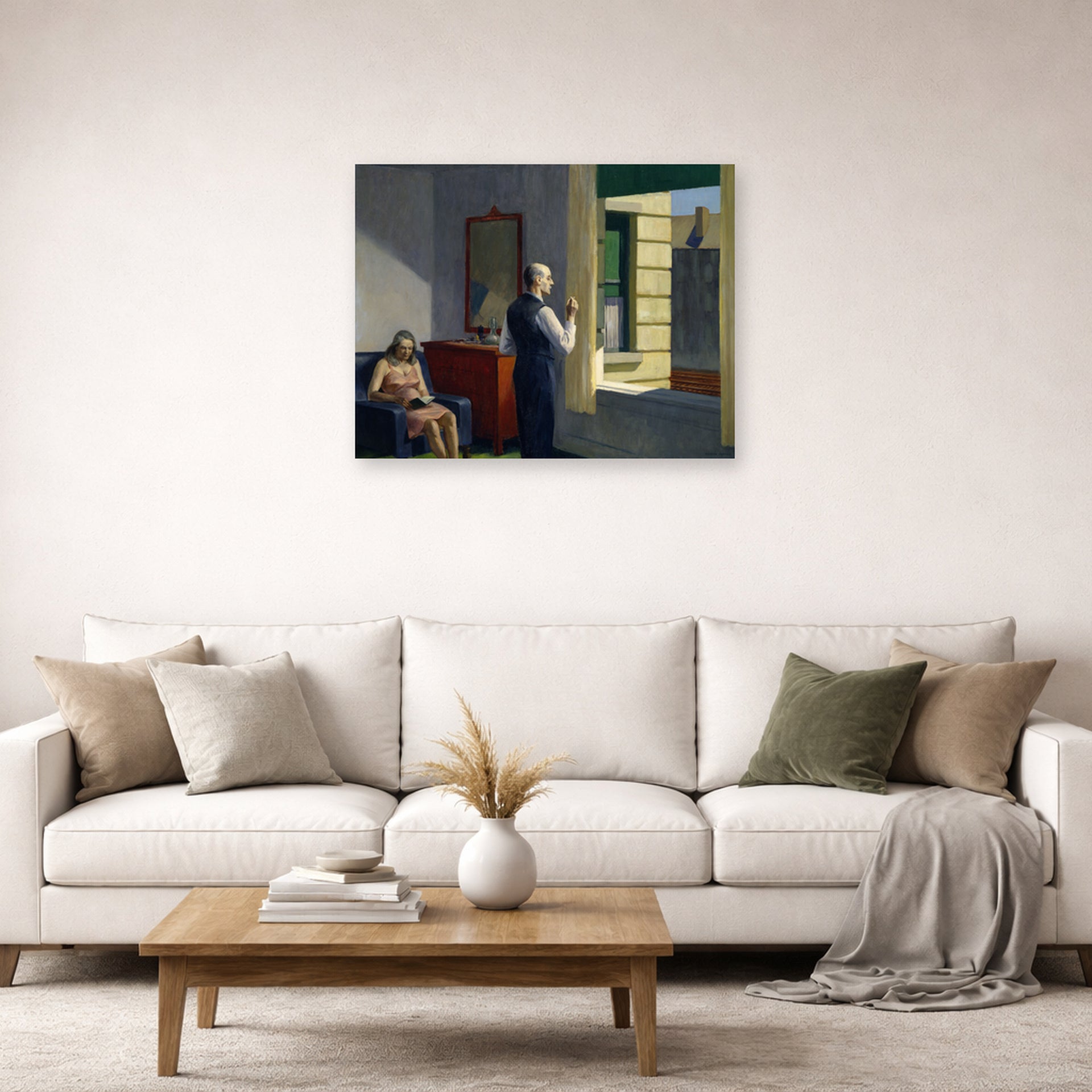 Unframed poster print of Edward Hopper's 'Hotel by a Railroad' displayed on a wall in a living room (image 2 of 2)