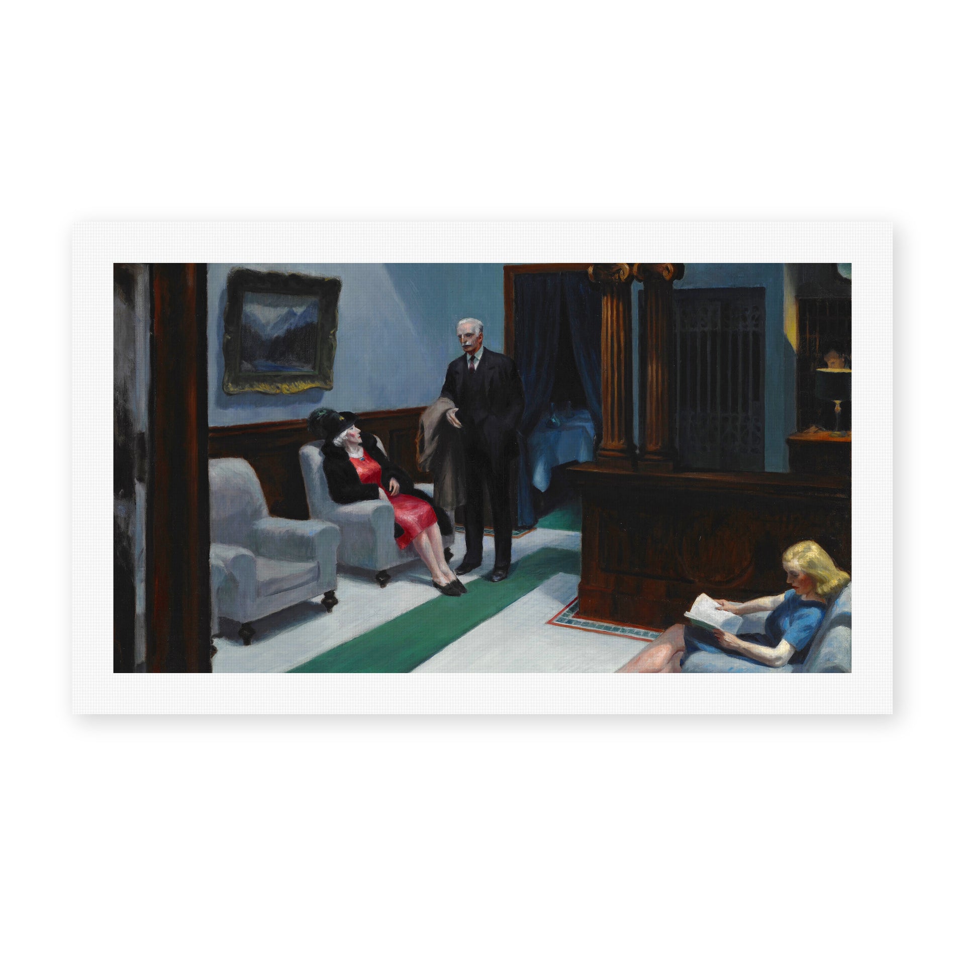 Edward Hopper's 'Hotel Lobby' painting reproduced as a rolled canvas print