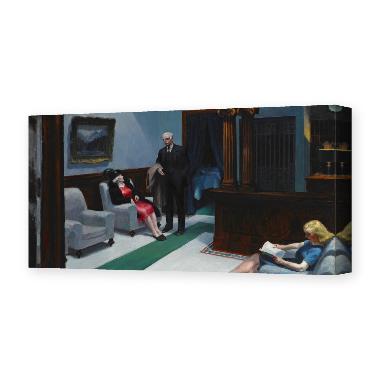 Edward Hopper's 'Hotel Lobby' painting reproduced as a gallery-wrapped canvas print