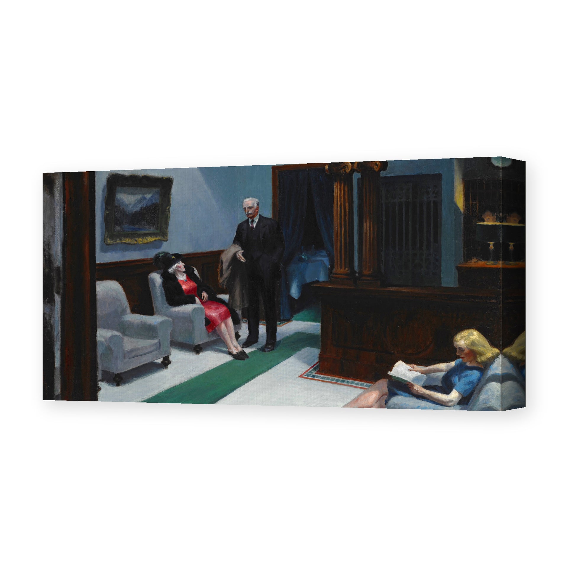 Edward Hopper's 'Hotel Lobby' painting reproduced as a gallery-wrapped canvas print