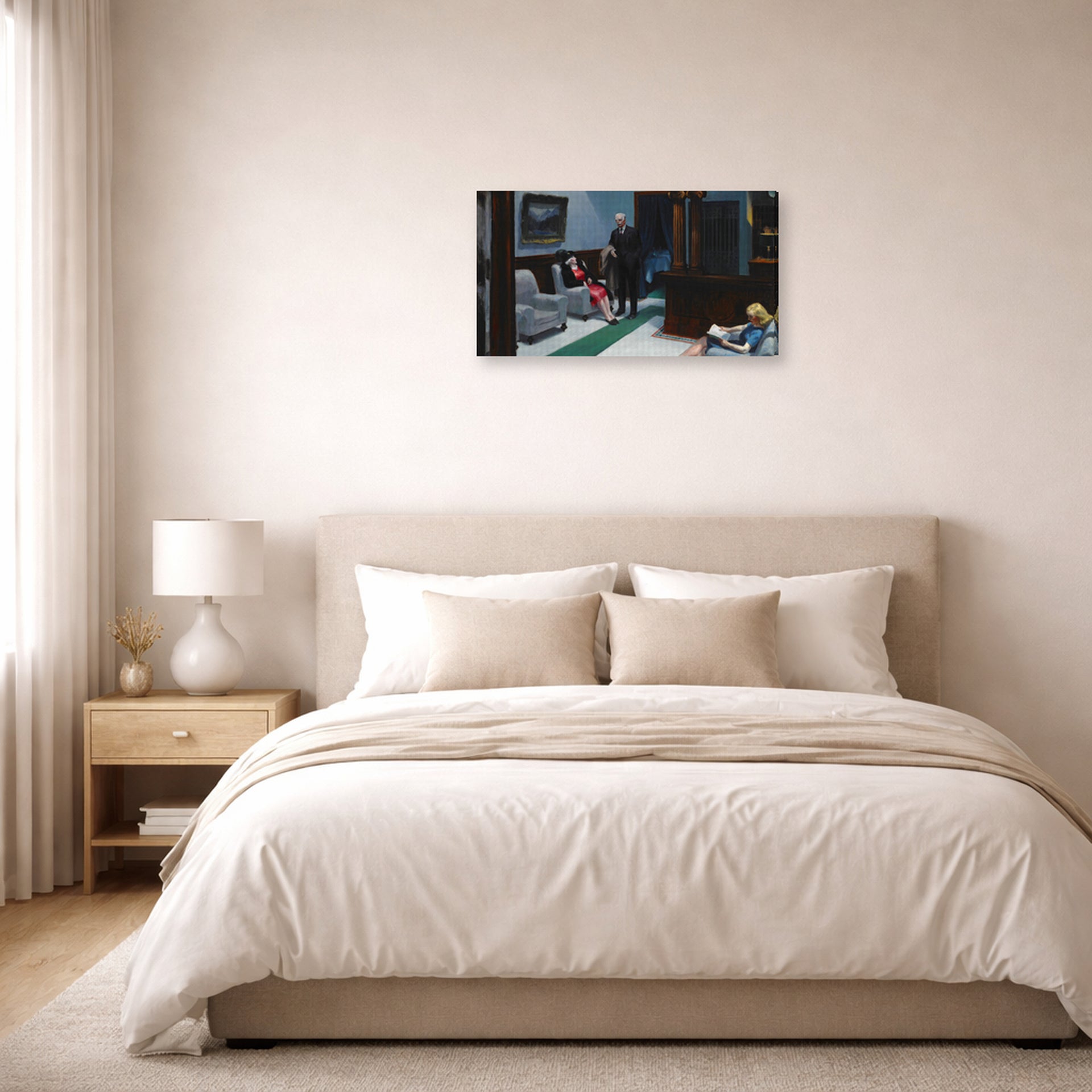 Gallery-wrapped canvas print of Edward Hopper's 'Hotel Lobby' displayed on a wall in a bedroom