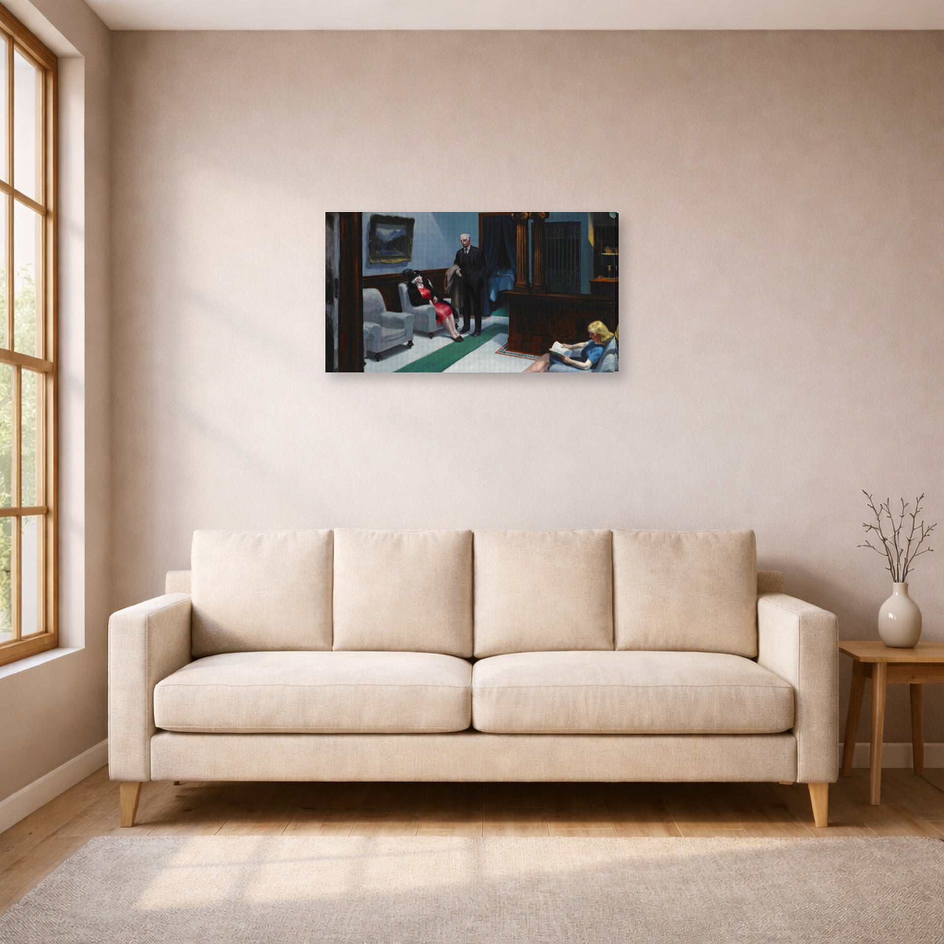 Gallery-wrapped canvas print of Edward Hopper's 'Hotel Lobby' displayed on a wall in a living room (image 1 of 2)