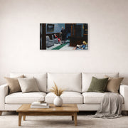 Gallery-wrapped canvas print of Edward Hopper's 'Hotel Lobby' displayed on a wall in a living room (image 2 of 2)