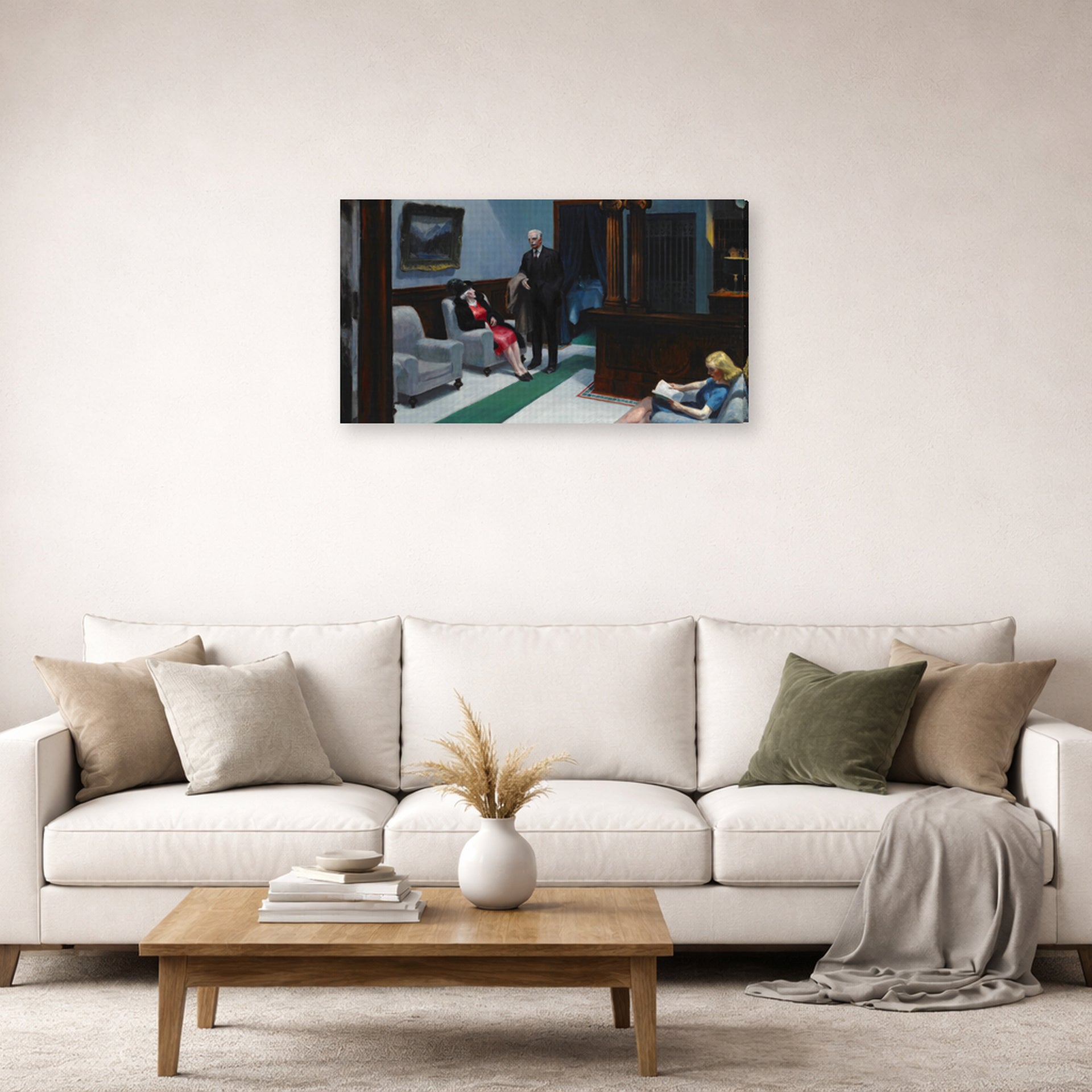 Gallery-wrapped canvas print of Edward Hopper's 'Hotel Lobby' displayed on a wall in a living room (image 2 of 2)