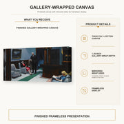 Edward Hopper - Hotel Lobby gallery wrap canvas construction and hanging details infographic