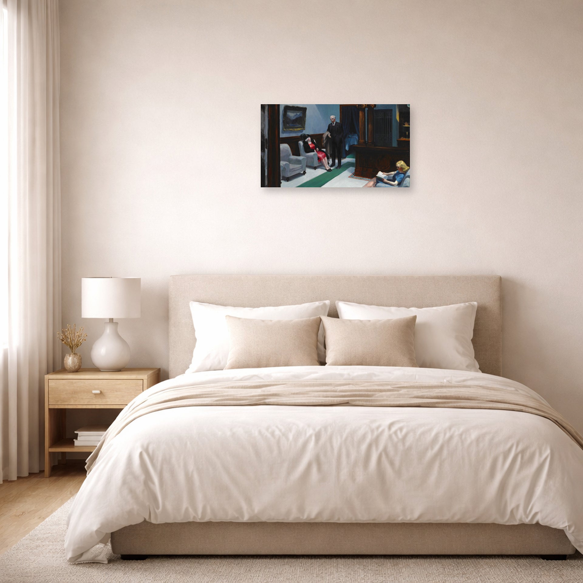 Unframed poster print of Edward Hopper's 'Hotel Lobby' displayed on a wall in a bedroom
