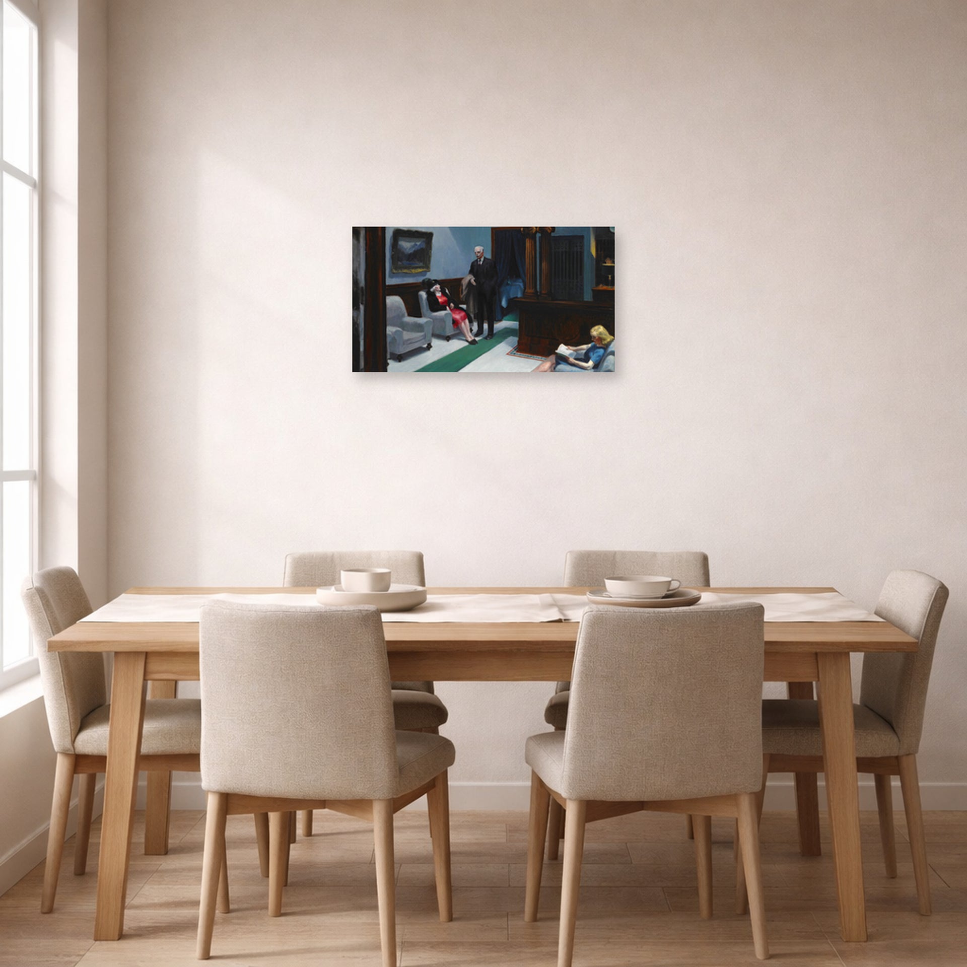 Unframed poster print of Edward Hopper's 'Hotel Lobby' displayed on a wall in a dining room