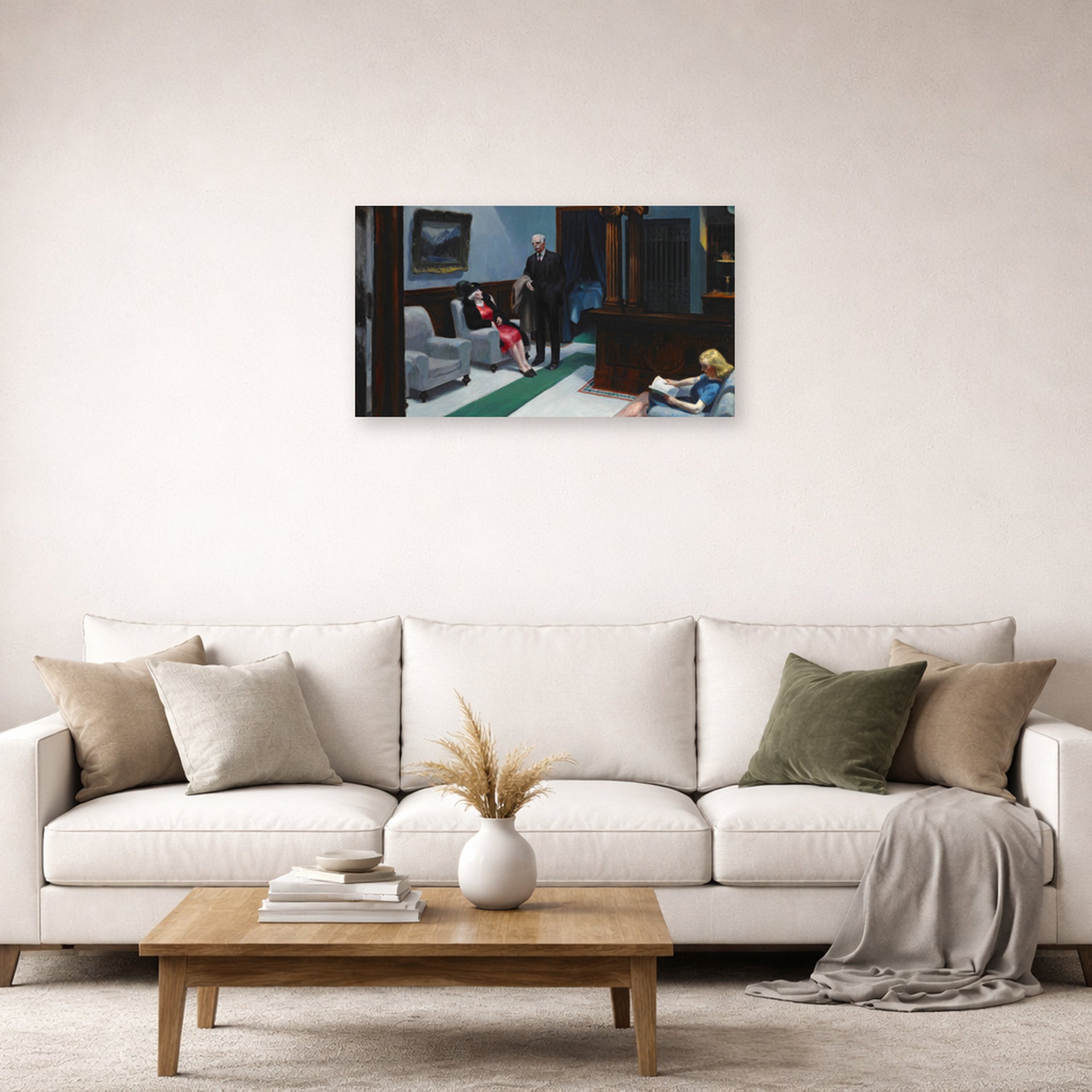 Unframed poster print of Edward Hopper's 'Hotel Lobby' displayed on a wall in a living room (image 2 of 2)