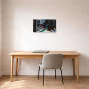 Unframed poster print of Edward Hopper's 'Hotel Lobby' displayed on a wall in an office