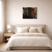 Gallery-wrapped canvas print of Edward Hopper's 'New York Movie' displayed on a wall in a bedroom