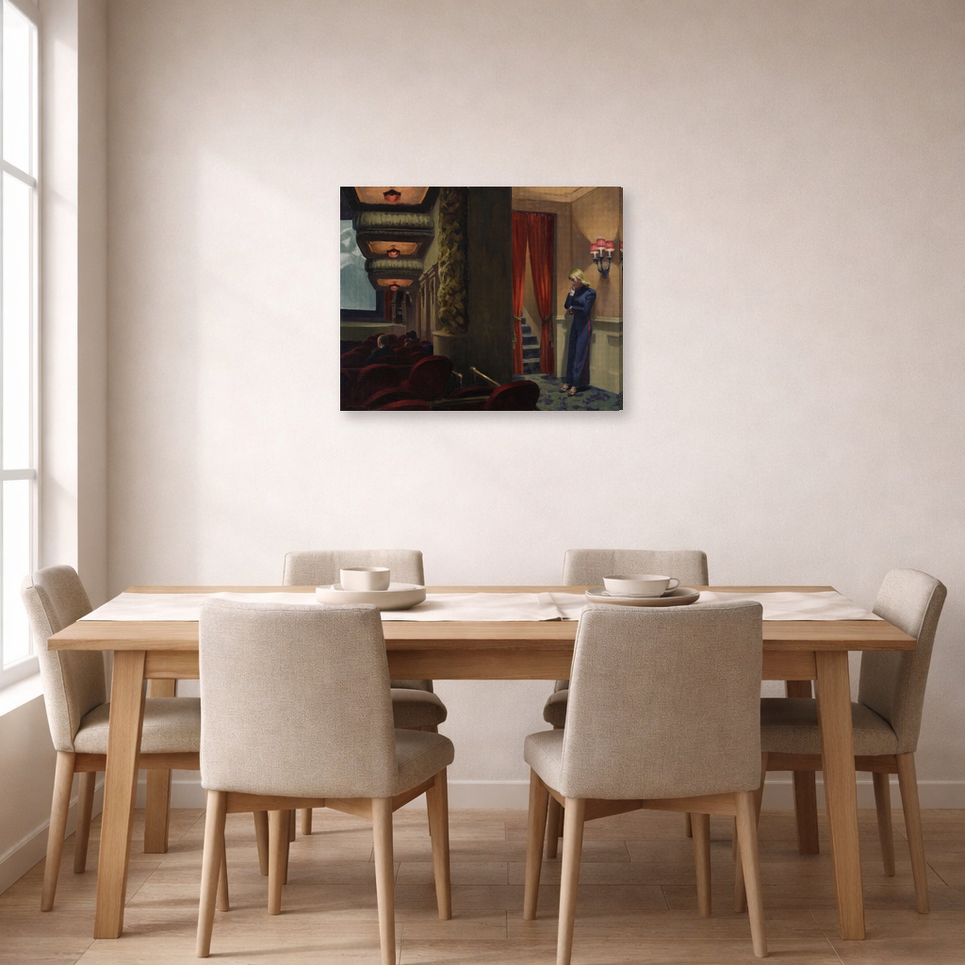 Gallery-wrapped canvas print of Edward Hopper's 'New York Movie' displayed on a wall in a dining room