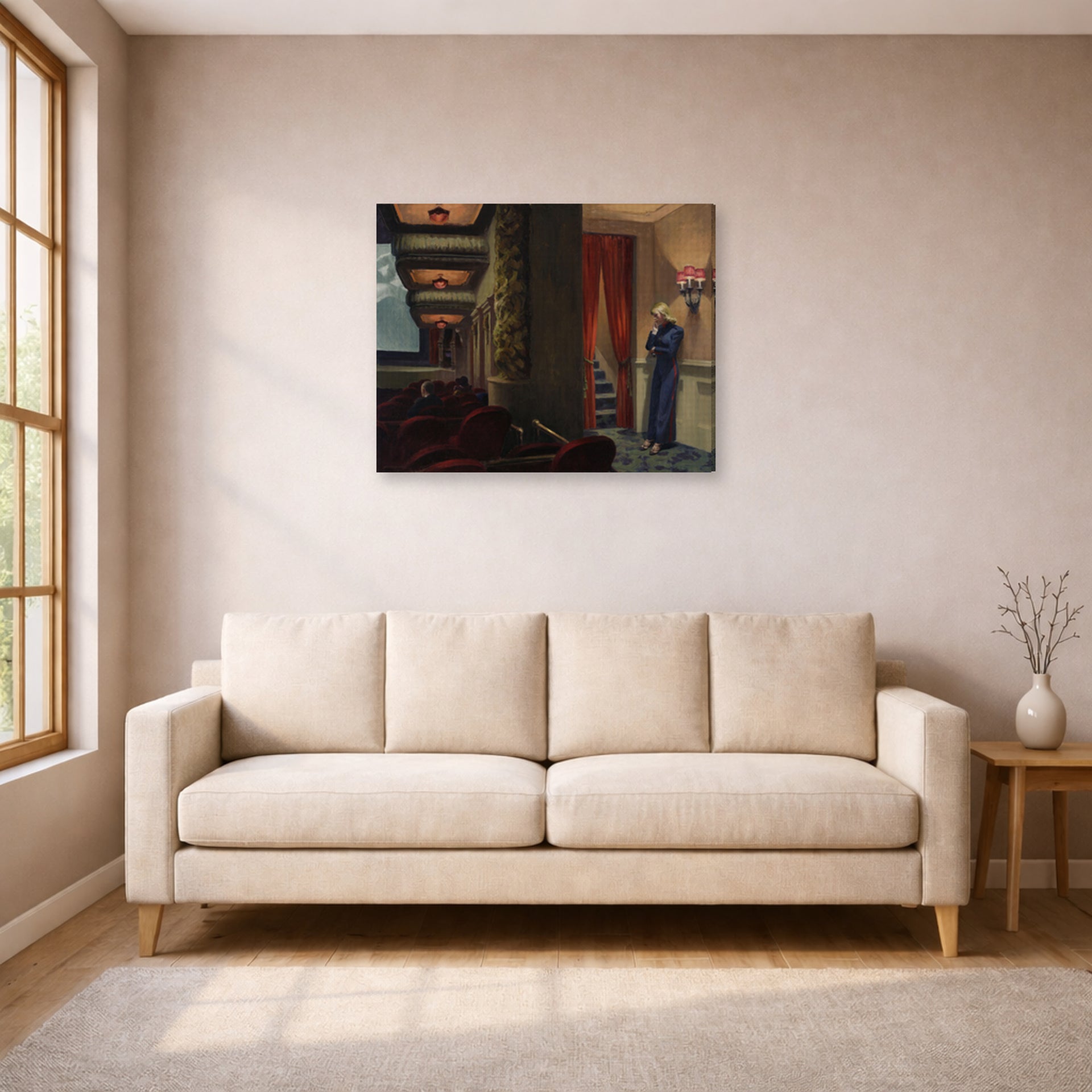 Gallery-wrapped canvas print of Edward Hopper's 'New York Movie' displayed on a wall in a living room (image 1 of 2)