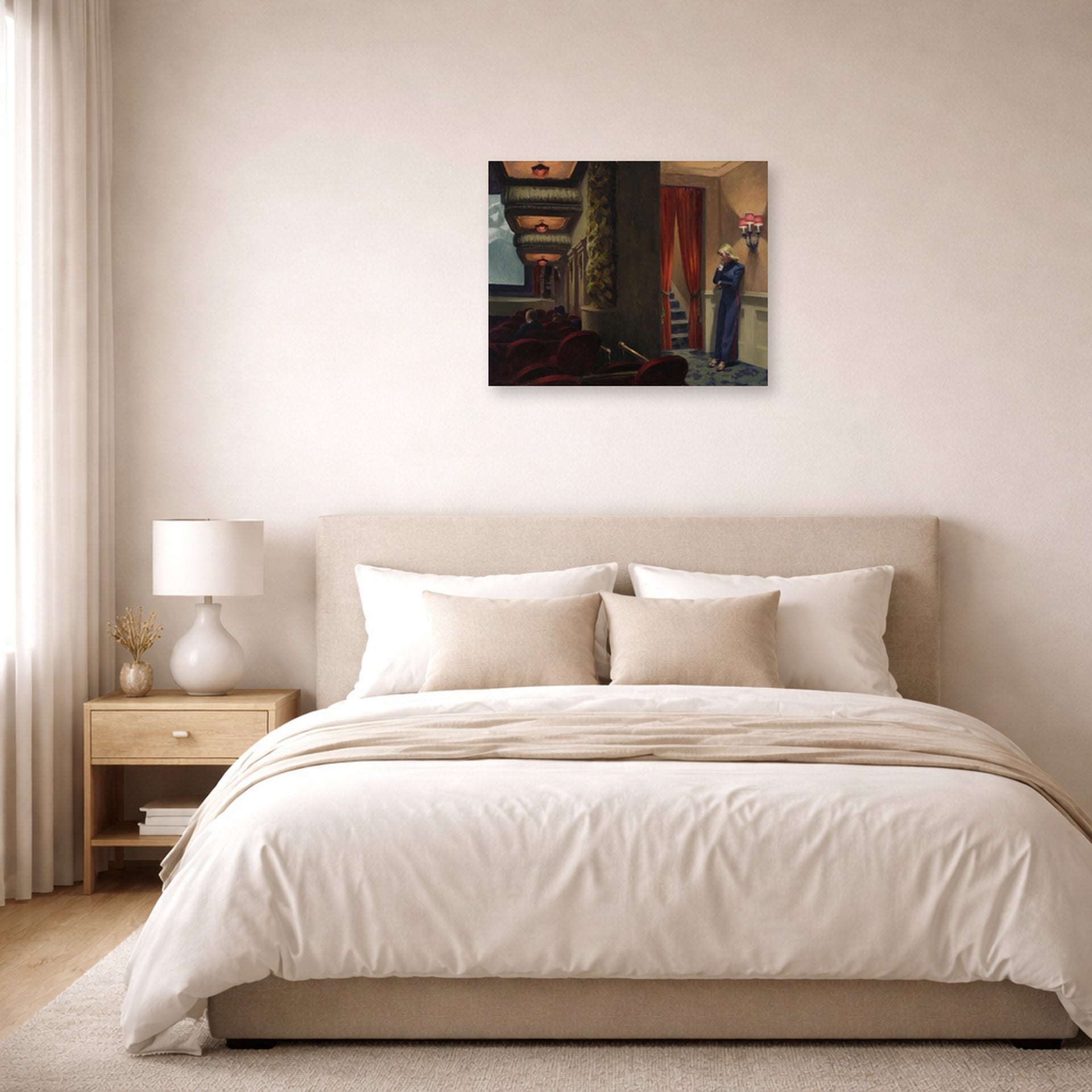 Unframed poster print of Edward Hopper's 'New York Movie' displayed on a wall in a bedroom