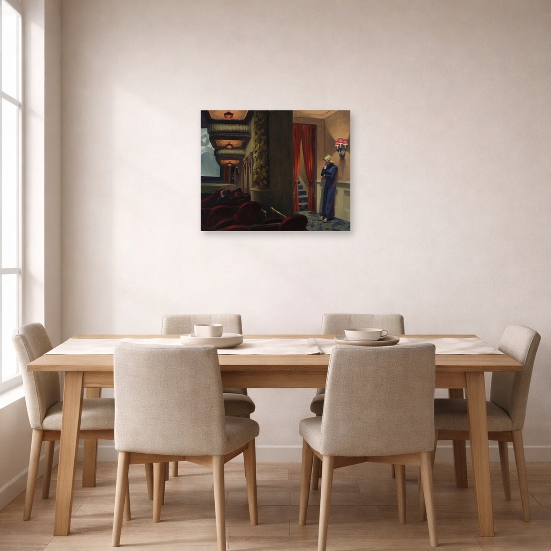 Unframed poster print of Edward Hopper's 'New York Movie' displayed on a wall in a dining room
