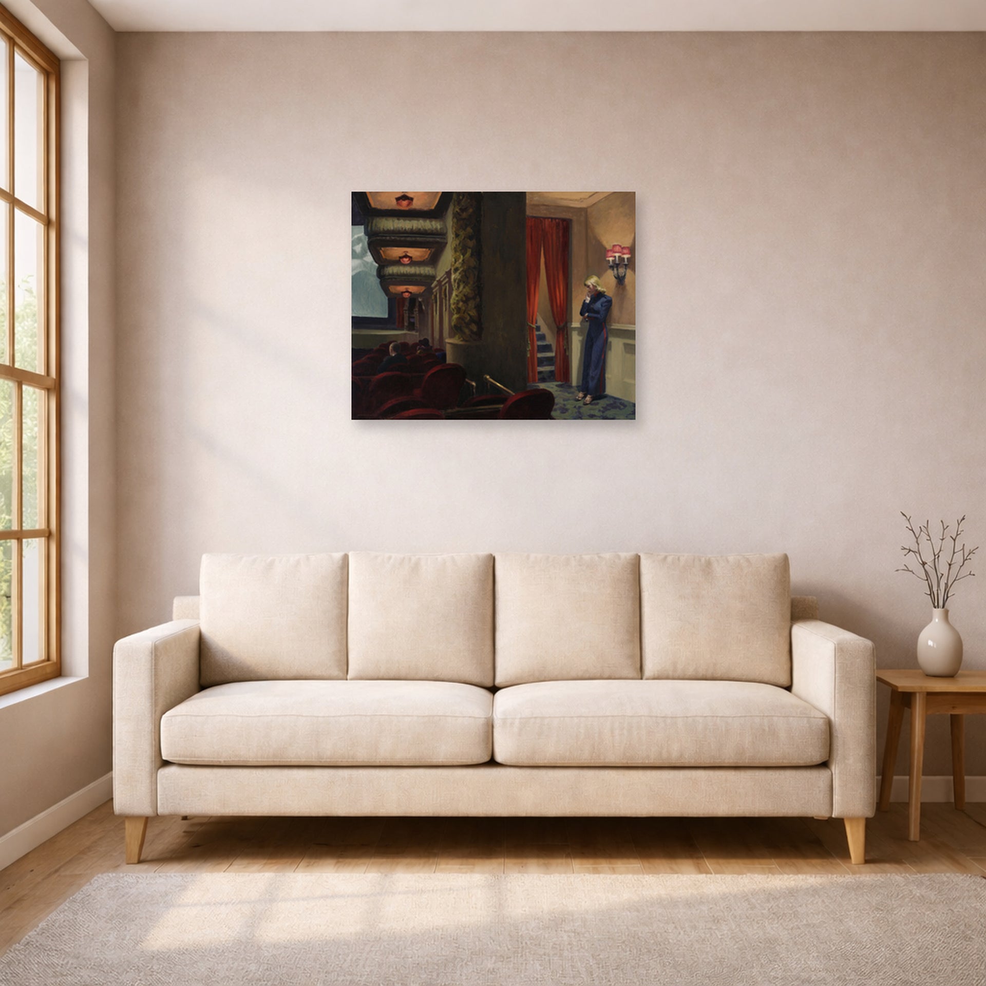 Unframed poster print of Edward Hopper's 'New York Movie' displayed on a wall in a living room (image 1 of 2)