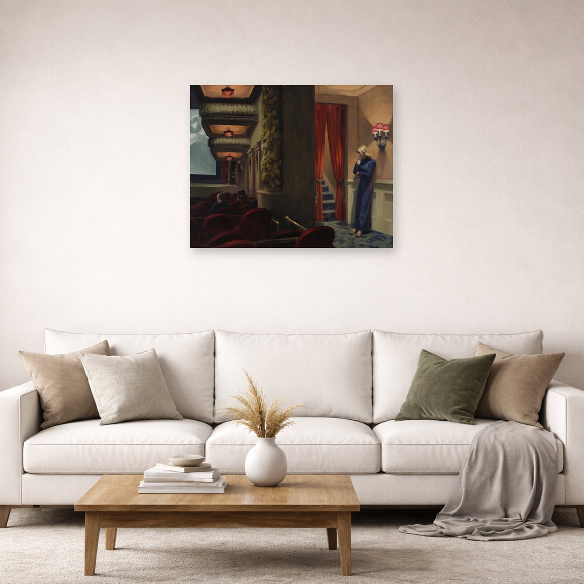 Unframed poster print of Edward Hopper's 'New York Movie' displayed on a wall in a living room (image 2 of 2)