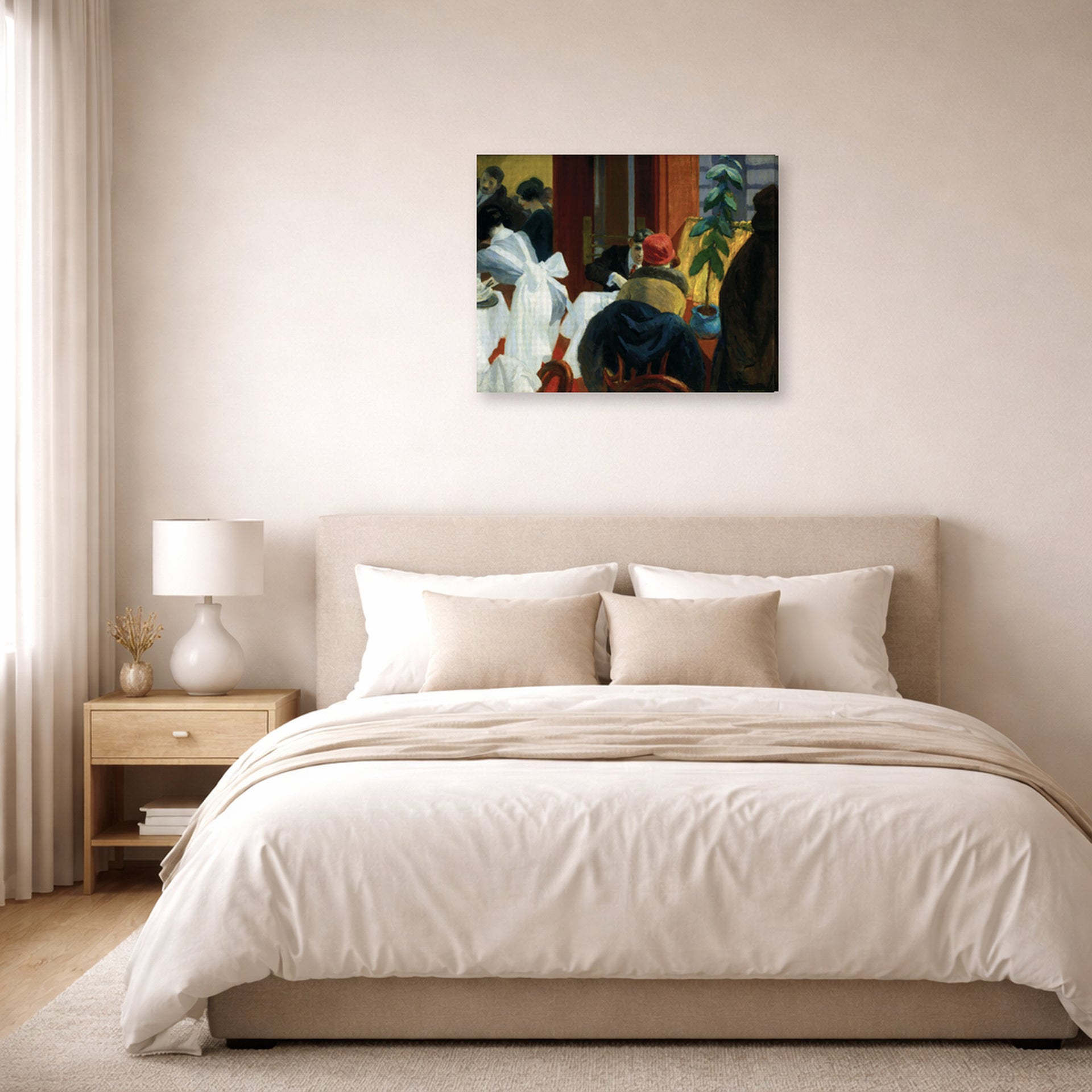 Gallery-wrapped canvas print of Edward Hopper's 'New York Restaurant' displayed on a wall in a bedroom