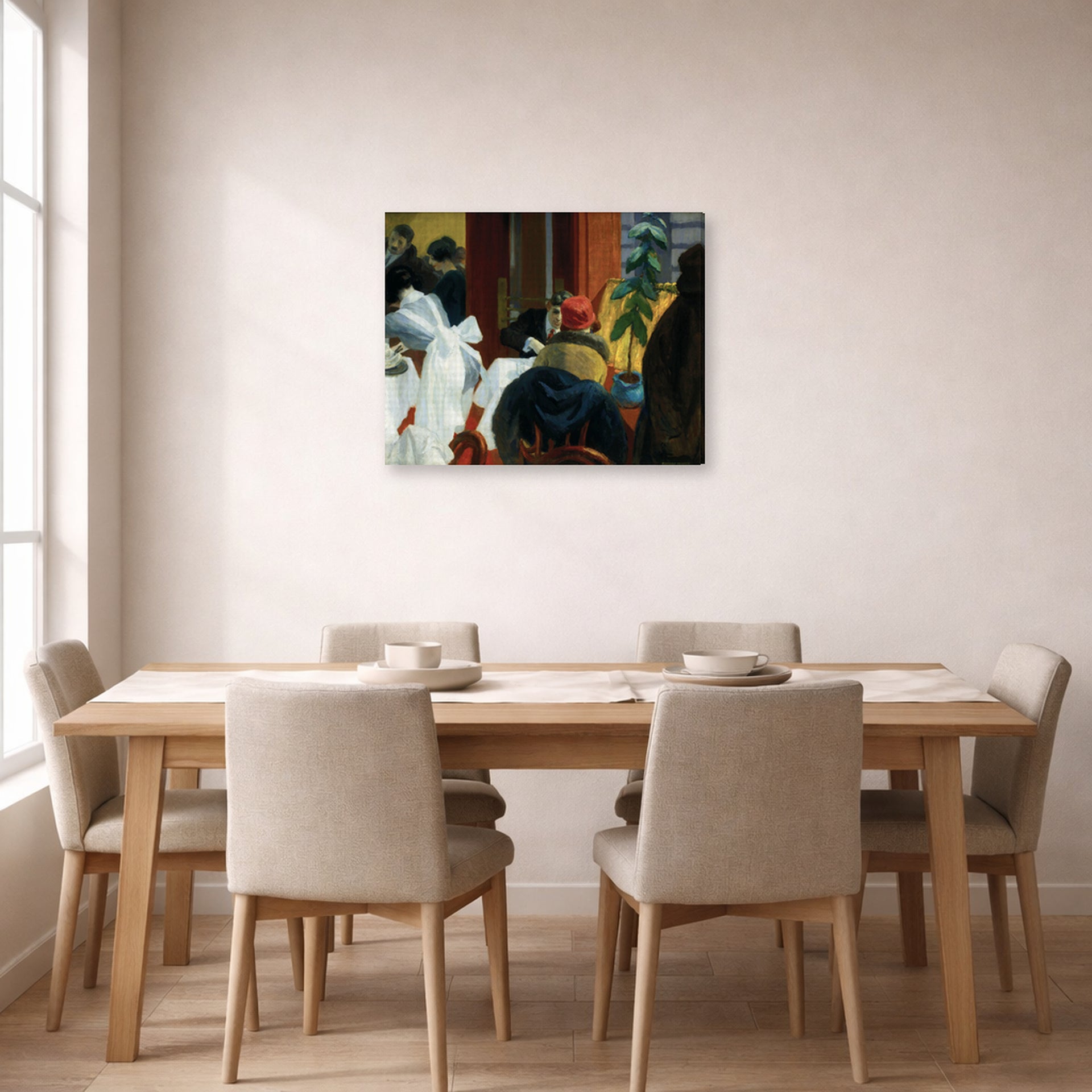 Gallery-wrapped canvas print of Edward Hopper's 'New York Restaurant' displayed on a wall in a dining room