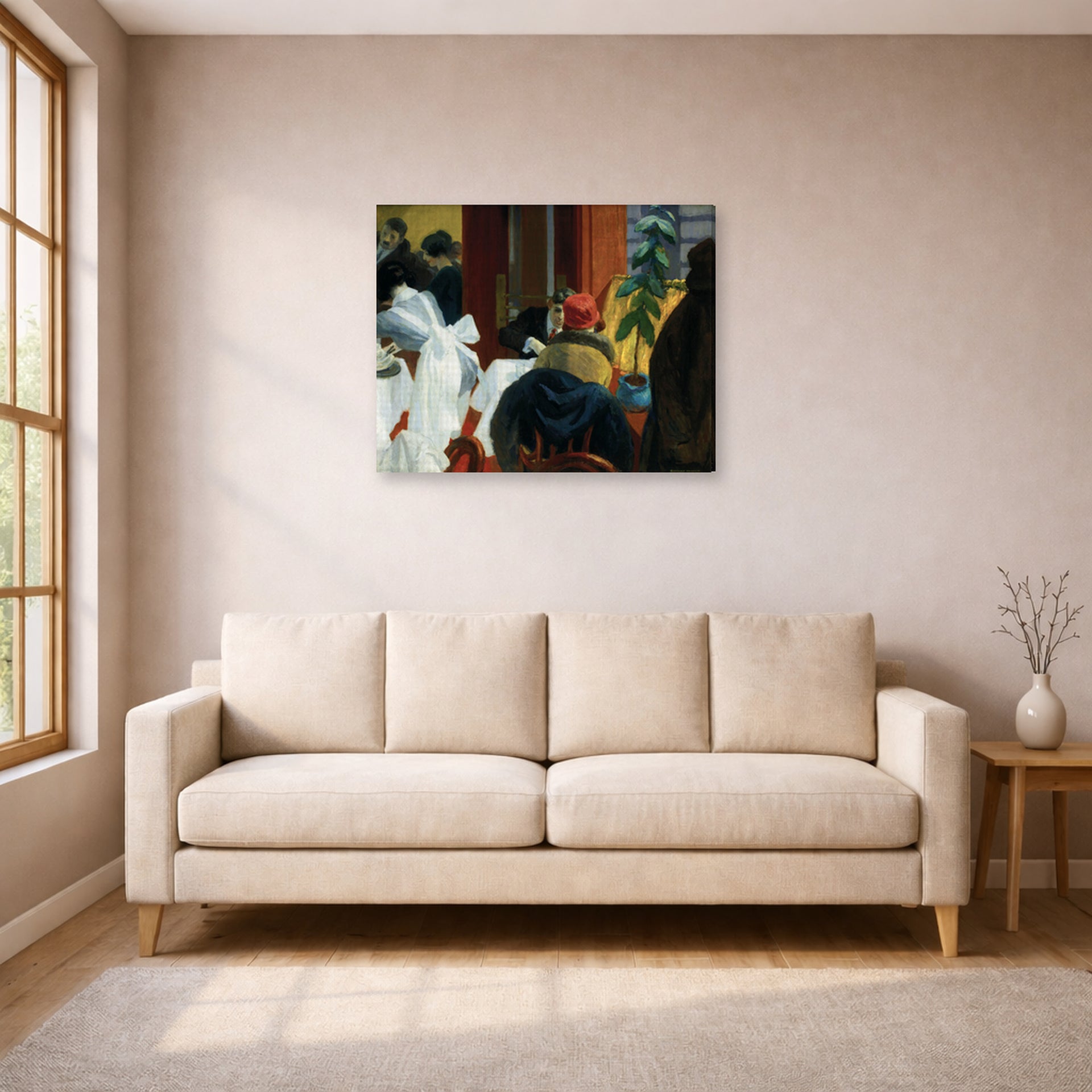 Gallery-wrapped canvas print of Edward Hopper's 'New York Restaurant' displayed on a wall in a living room (image 1 of 2)