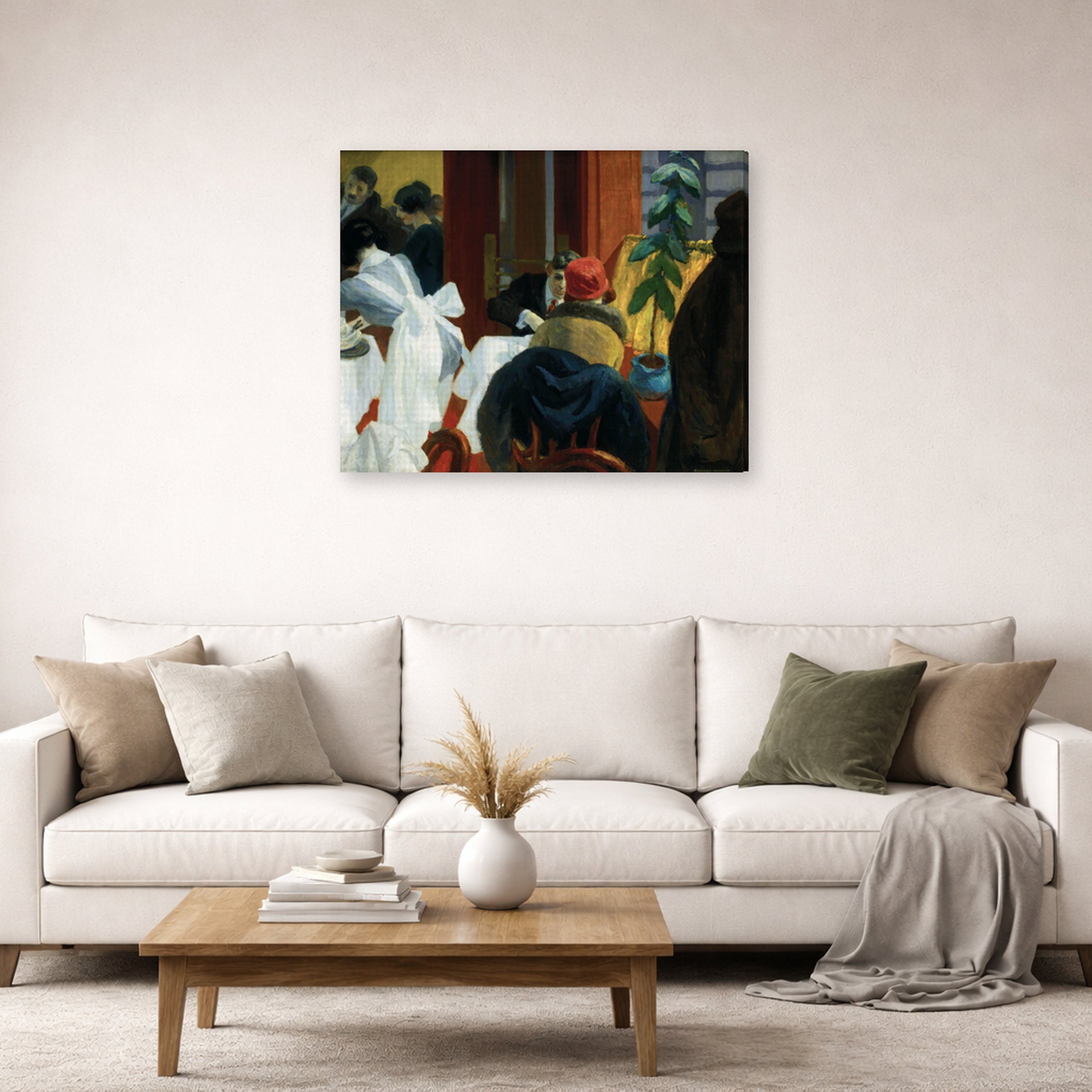 Gallery-wrapped canvas print of Edward Hopper's 'New York Restaurant' displayed on a wall in a living room (image 2 of 2)