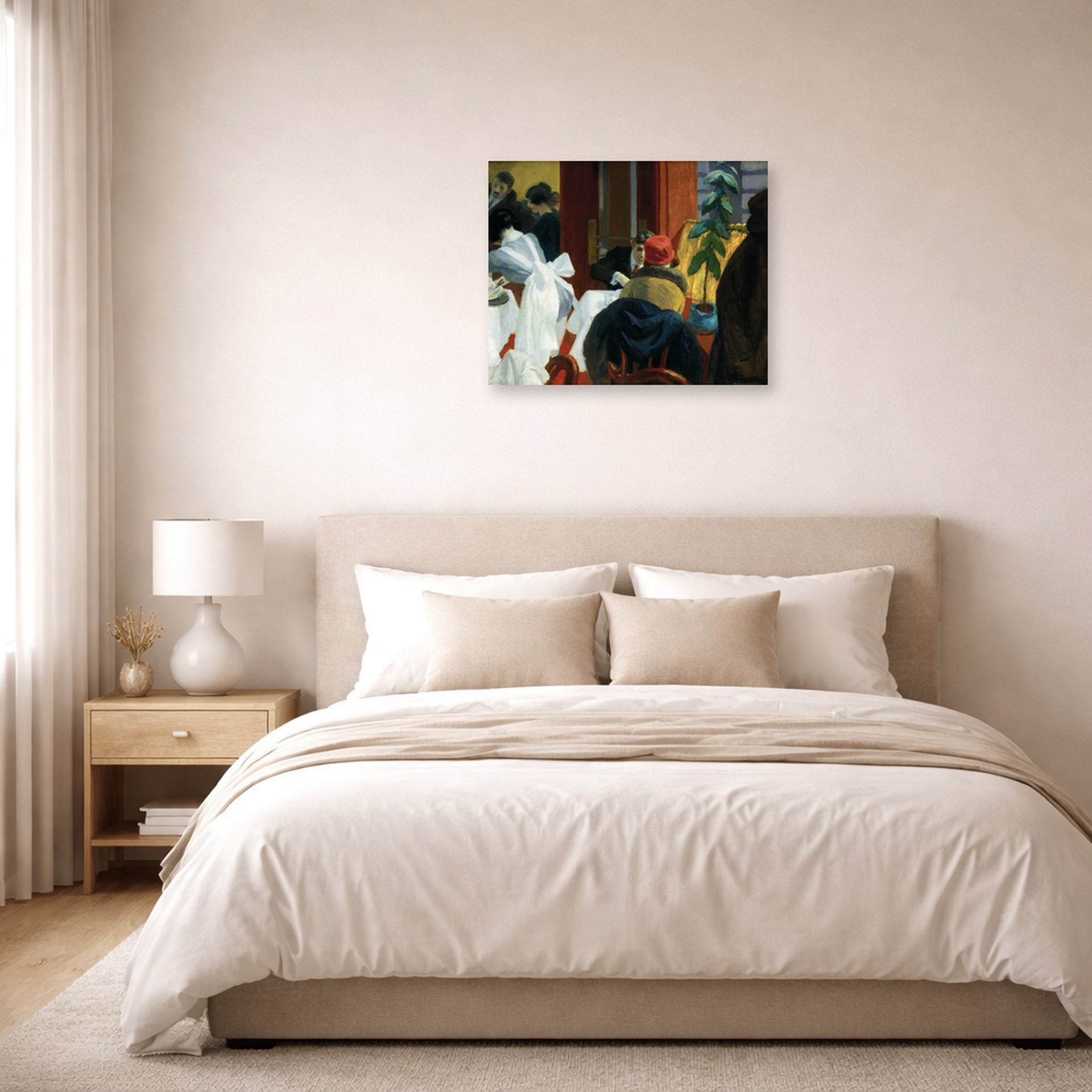 Unframed poster print of Edward Hopper's 'New York Restaurant' displayed on a wall in a bedroom