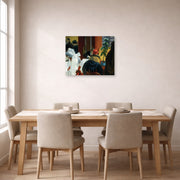 Unframed poster print of Edward Hopper's 'New York Restaurant' displayed on a wall in a dining room
